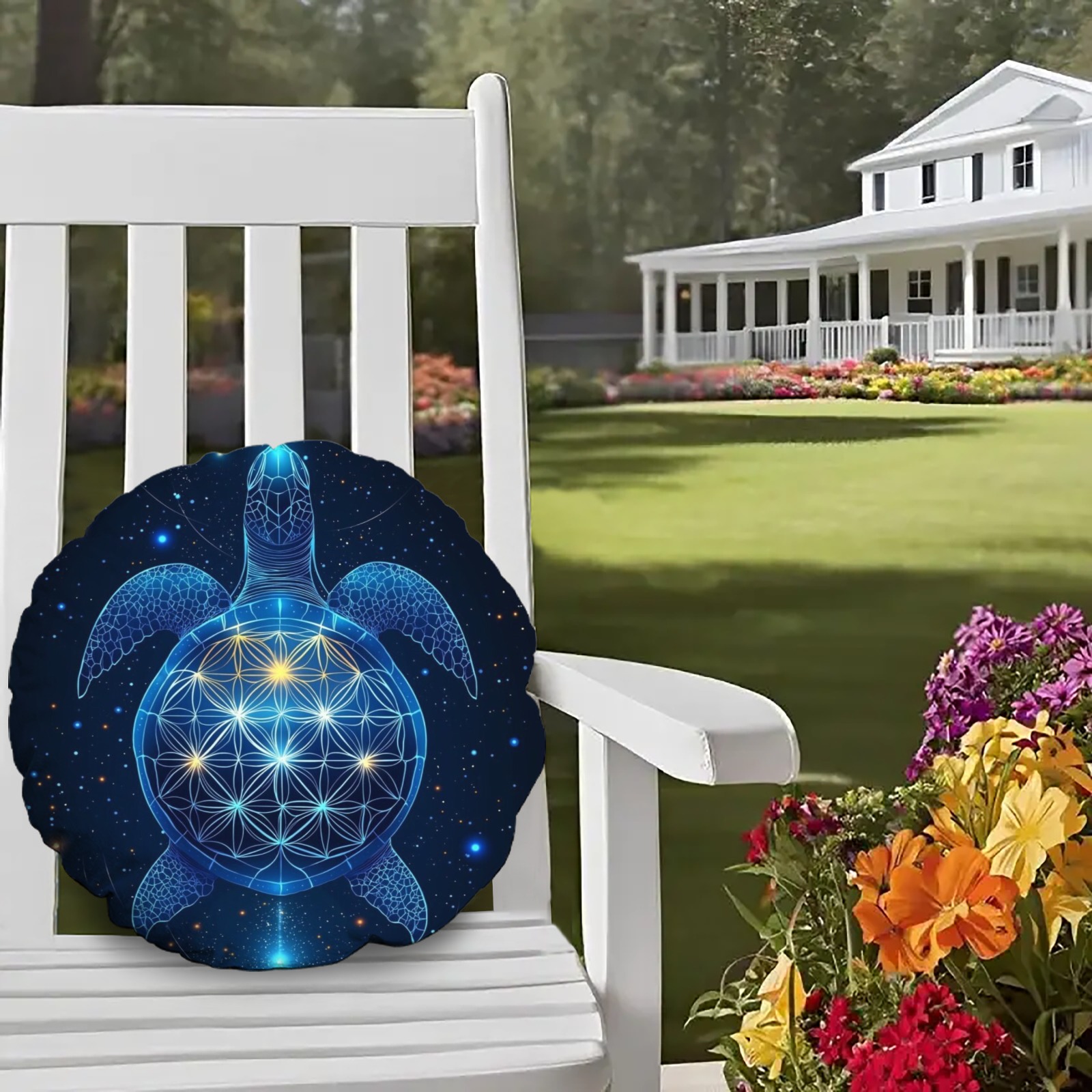 Mystical Sea Turtle Print Round Throw Pillow, for Outdoor White Rocking Chair, Couch, Sofa, Bed, 18 Inch, Navy Blue-Pixelunique