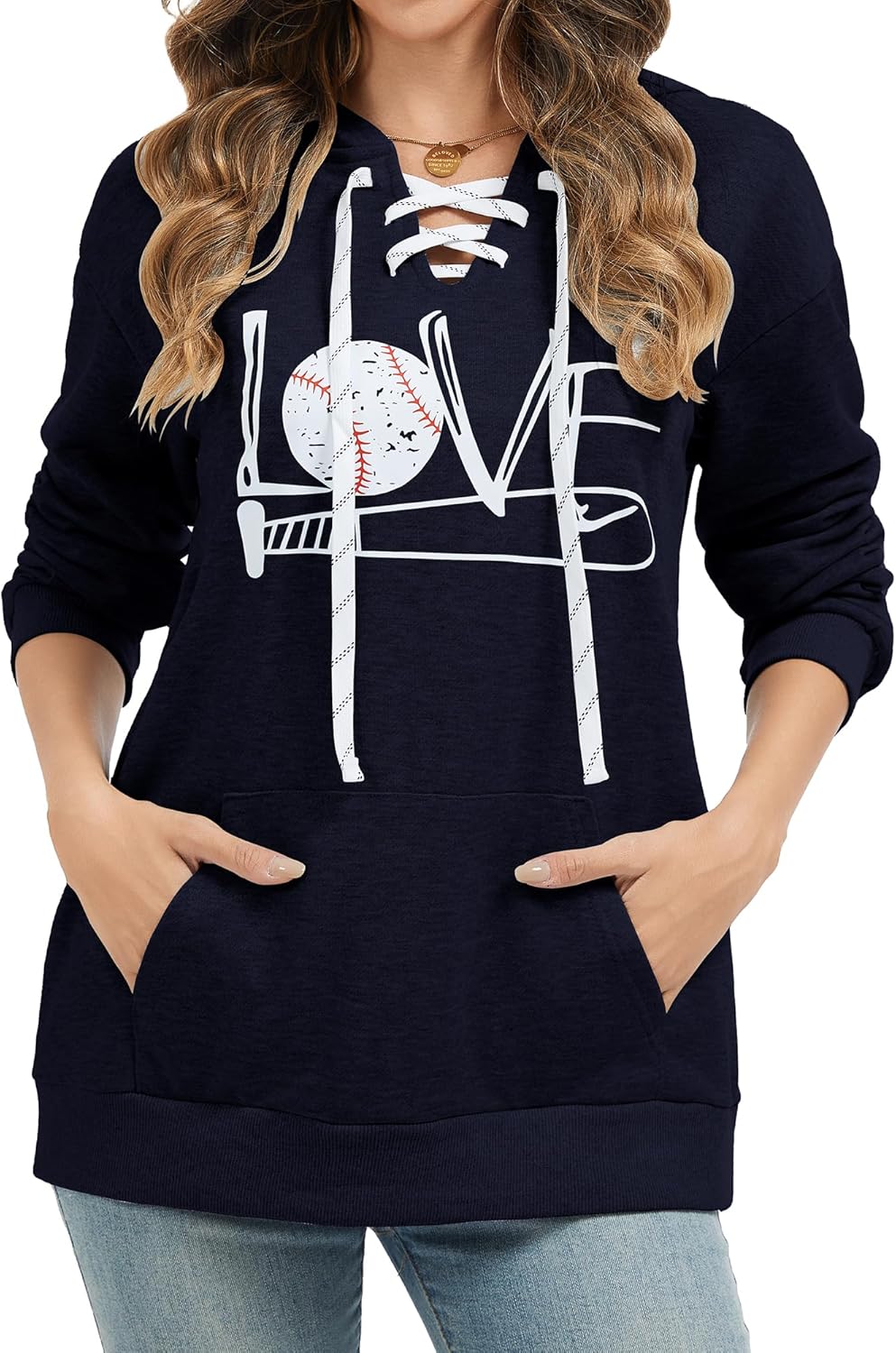 Women's V Neck Long Sleeve Baseball Hoodie Sweatshirt Pullover Loose Mom Shirt