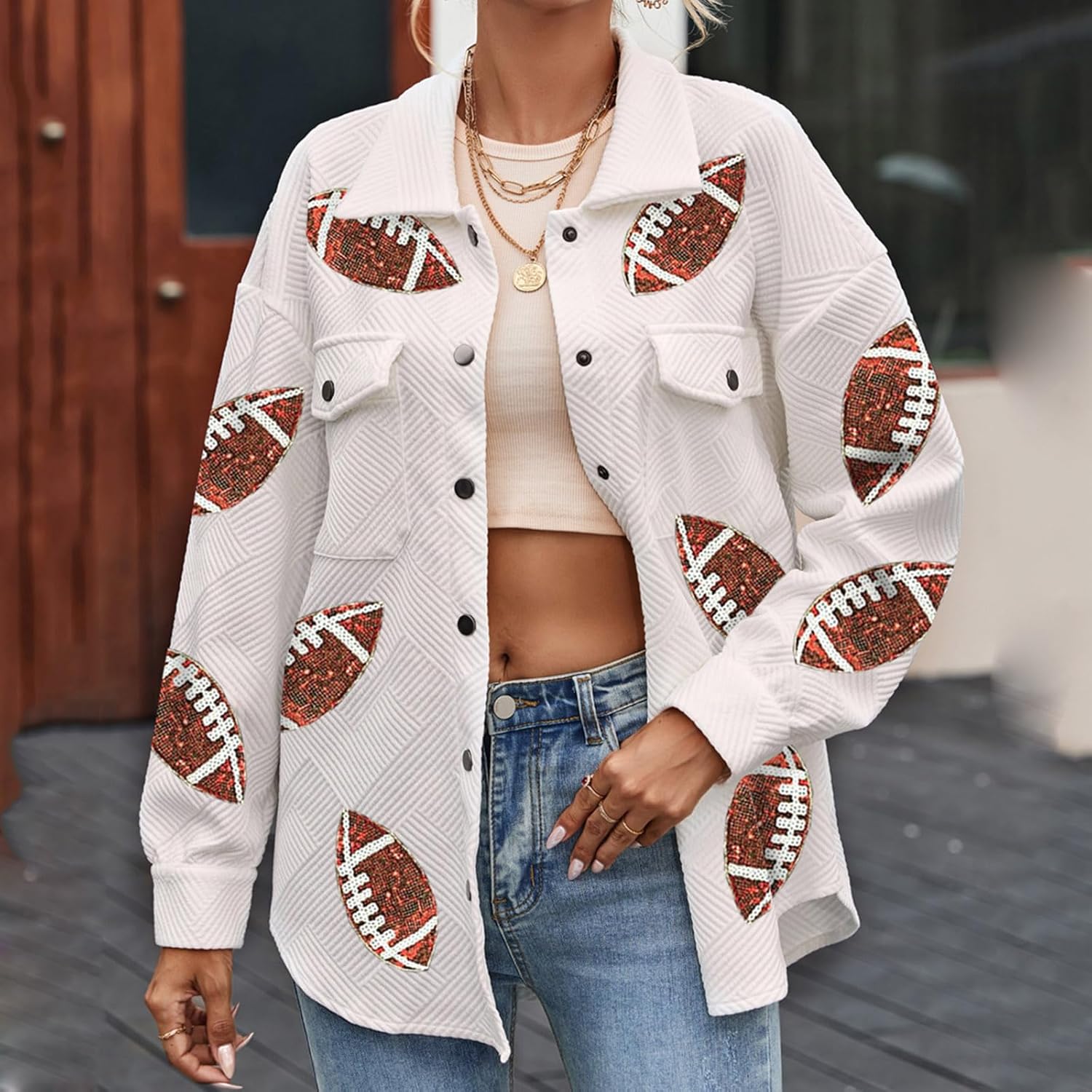 Corduroy Sequin Jackets Button Down Coat for Women Cotton White Football Patchwork Stylish Rugby Game Day Coat