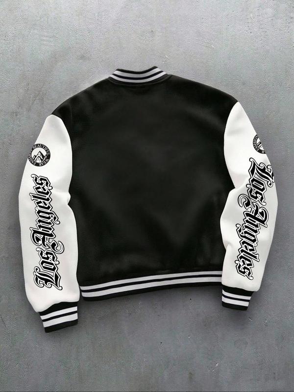 Men's Los Angeles Team Jacket, Graphic Letter Print Long Sleeve Baseball Jacket, Preppy Style Thick Fabric Fitted Coat for Fall & Winter