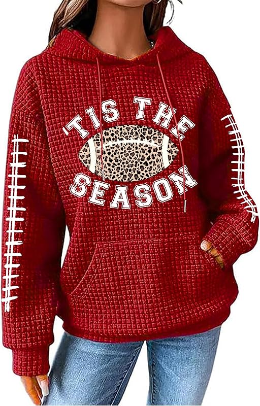 NEWWEN Game Day Sweatshirt Women Football Graphic Shirt Football Mom Waffle Knit Hoodie Game Day Long Sleeve Pullover Tops