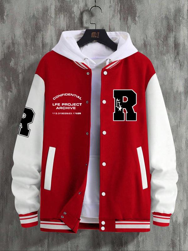 Men's Baseball Jacket Letter Print Long Sleeve Pilot Coat, Preppy Style Fitted Casual Outerwear for Fall & Winter