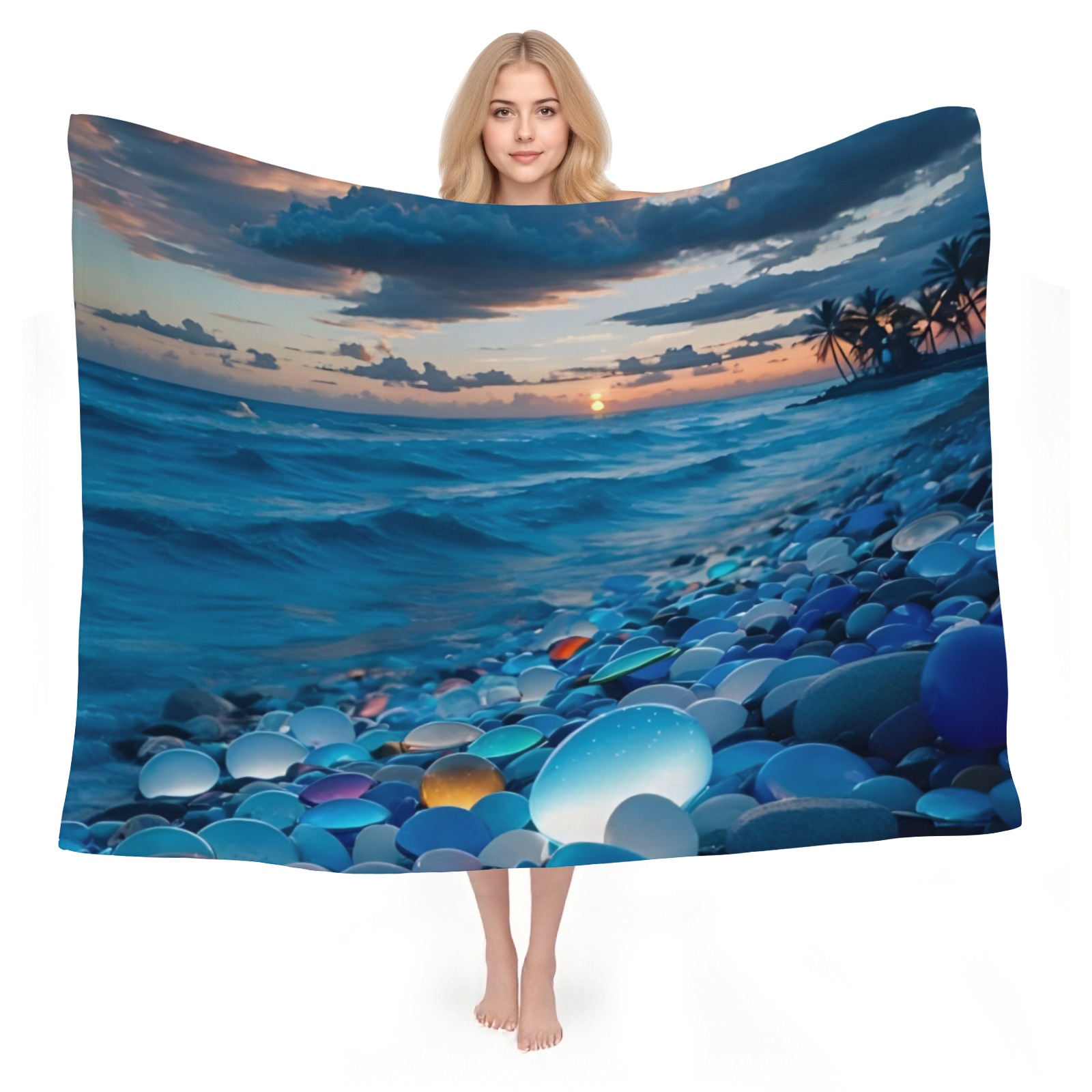 Coastal Sunset Throw Blanket | Soft Flannel Beach Scene Blanket, Lightweight & Warm for Adults/Kids, Home Decor-Pixelunique