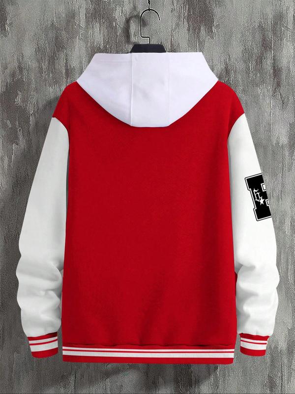 Men's Baseball Jacket Letter Print Long Sleeve Pilot Coat, Preppy Style Fitted Casual Outerwear for Fall & Winter