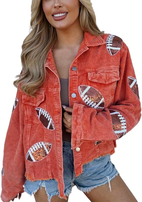 Women's Game Day Outfit Jacket Football Sequin Patched Raw Hem Cropped Corduroy Shacket Coat