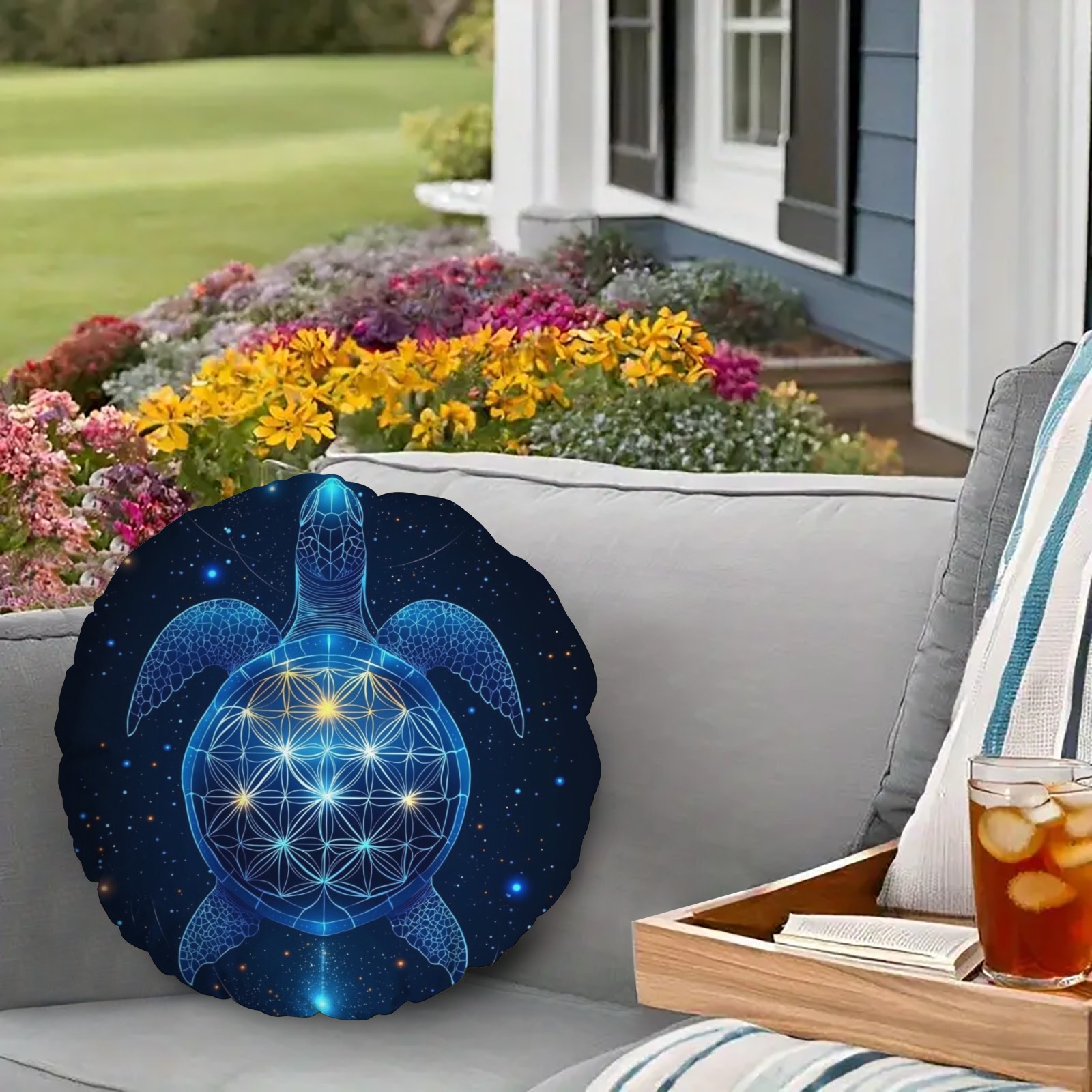 Mystical Sea Turtle Print Round Throw Pillow, for Outdoor White Rocking Chair, Couch, Sofa, Bed, 18 Inch, Navy Blue-Pixelunique