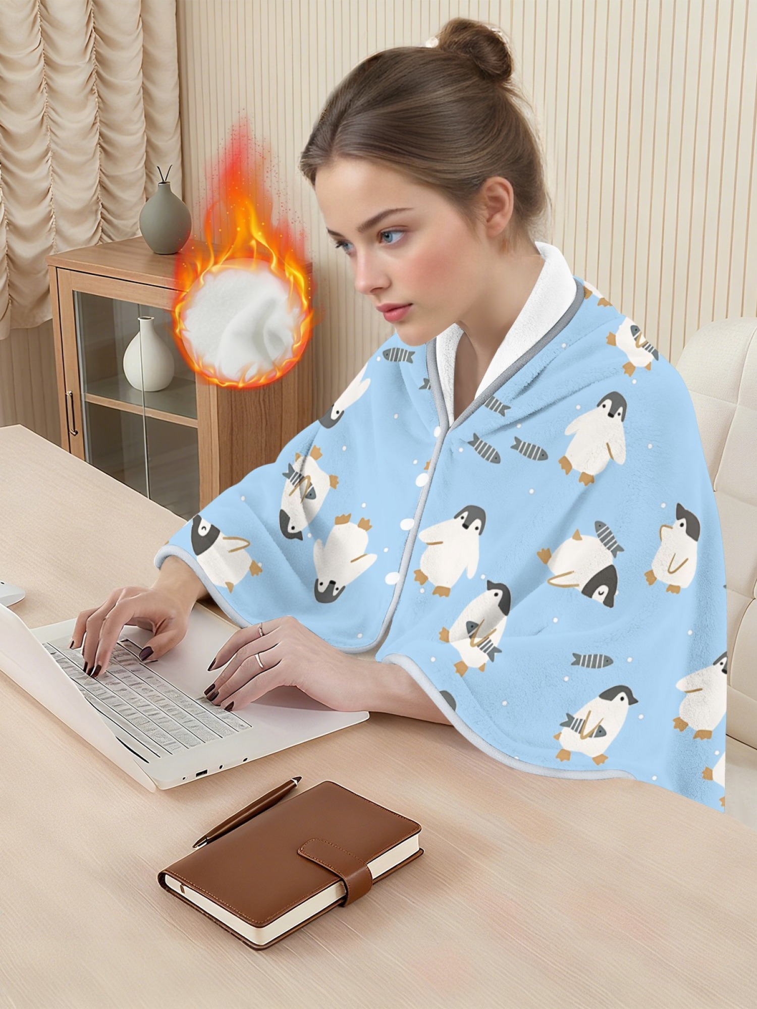 Women's Cartoon Penguin Printed Flannel Throw Blanket - Soft Cozy Shawl (5 Colors: Light Blue/Red/Navy/Gray/Green)