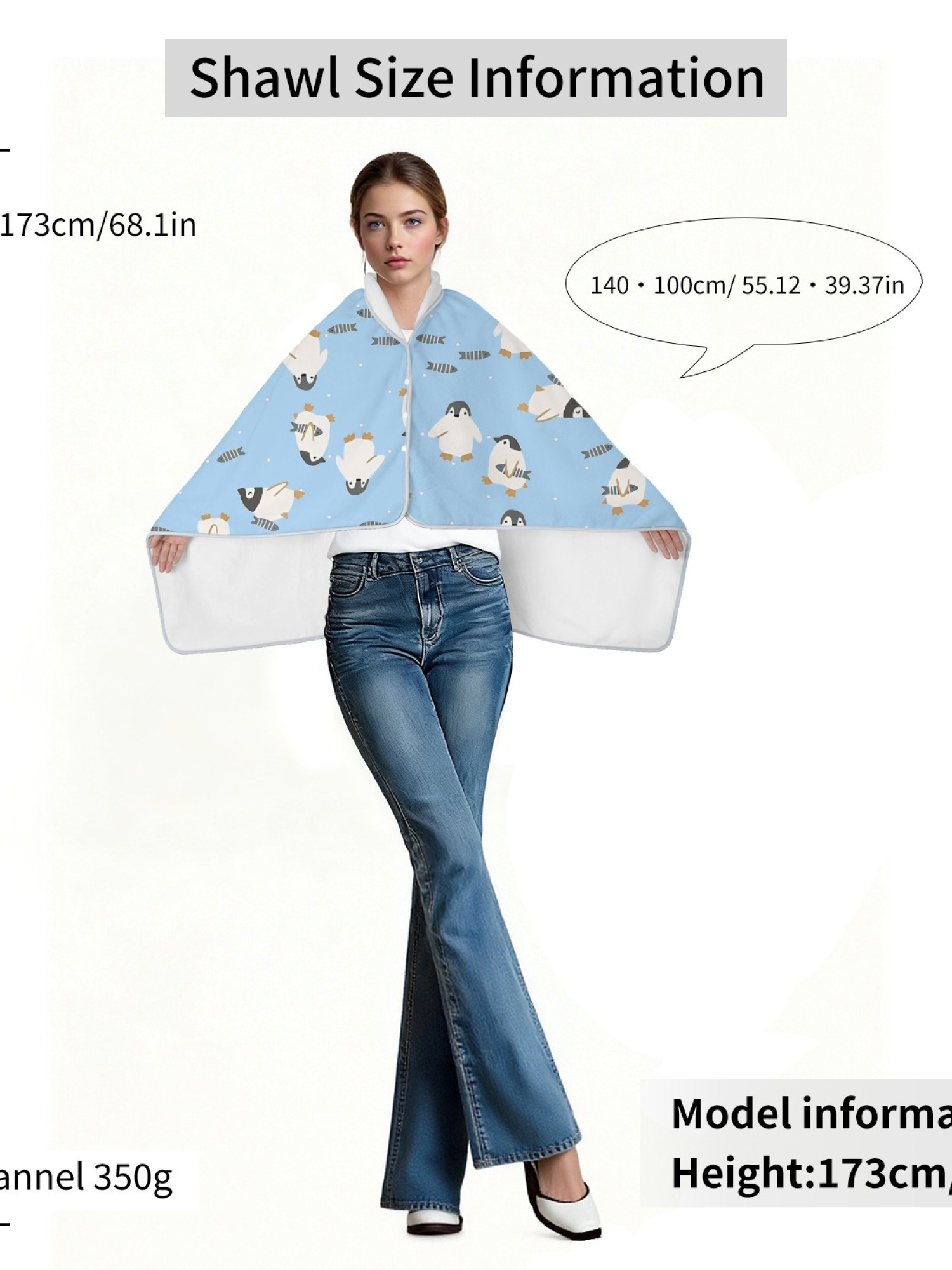 Women's Cartoon Penguin Printed Flannel Throw Blanket - Soft Cozy Shawl (5 Colors: Light Blue/Red/Navy/Gray/Green)