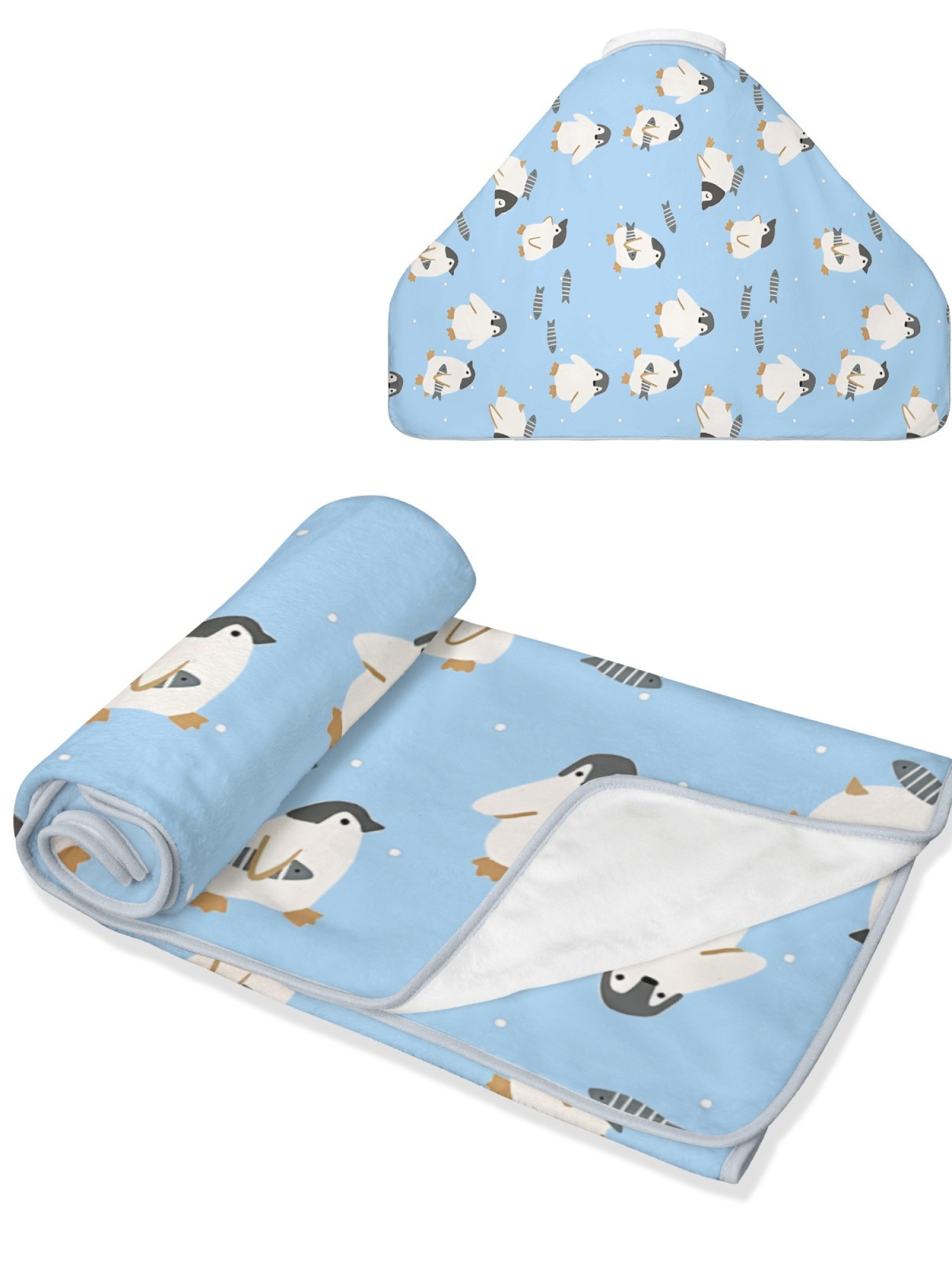 Women's Cartoon Penguin Printed Flannel Throw Blanket - Soft Cozy Shawl (5 Colors: Light Blue/Red/Navy/Gray/Green)