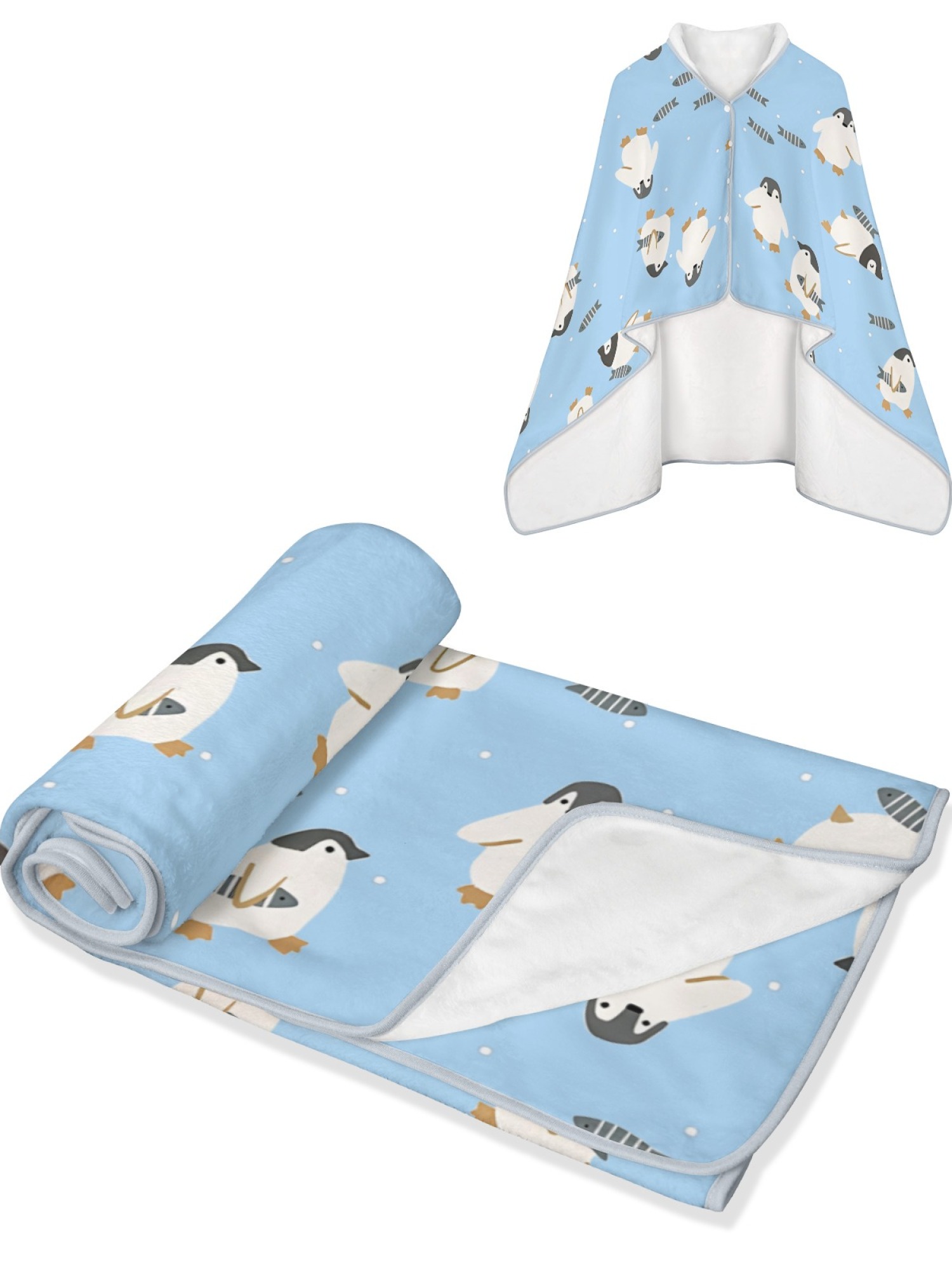 Women's Cartoon Penguin Printed Flannel Throw Blanket - Soft Cozy Shawl (5 Colors: Light Blue/Red/Navy/Gray/Green)