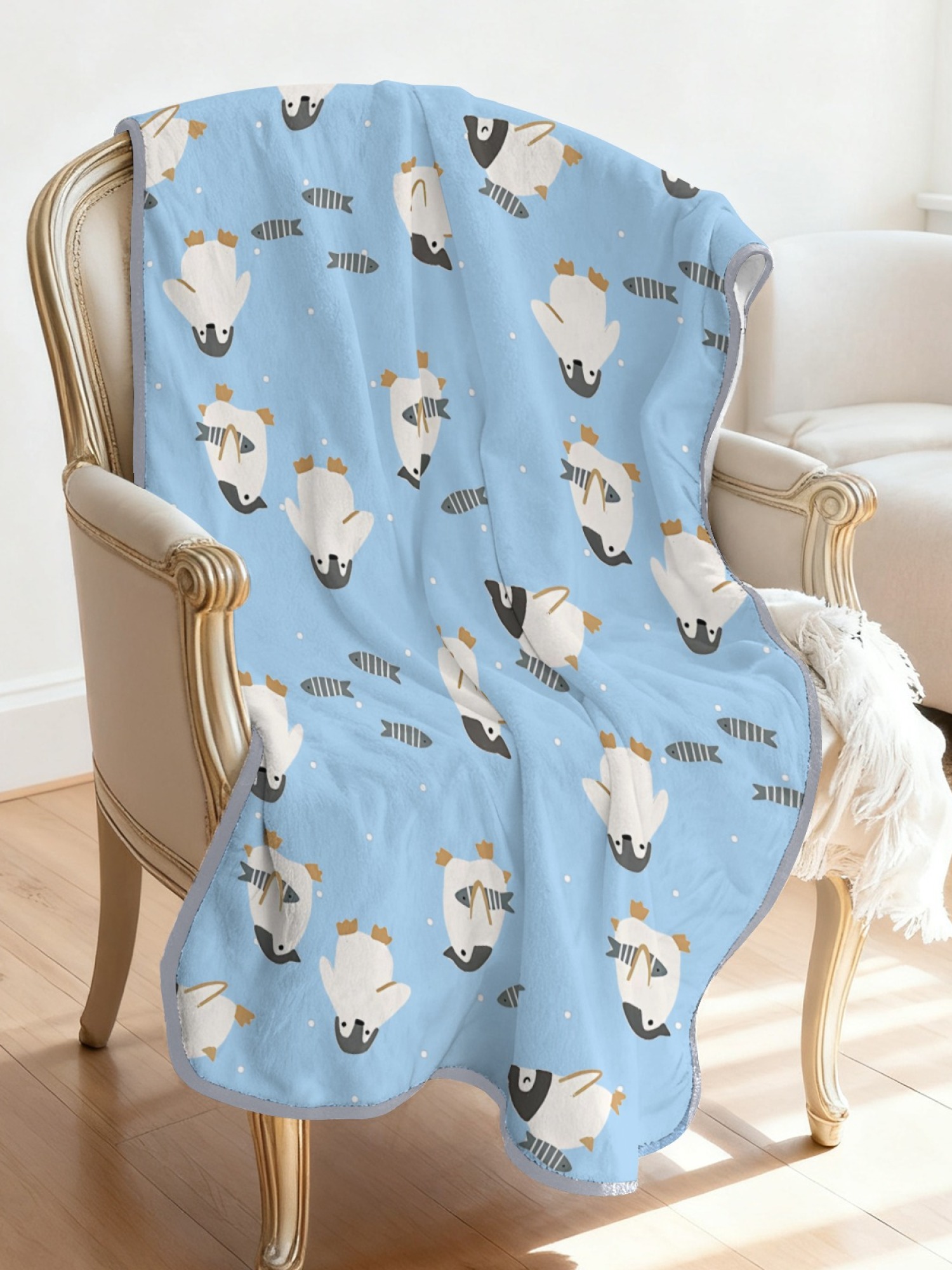 Women's Cartoon Penguin Printed Flannel Throw Blanket - Soft Cozy Shawl (5 Colors: Light Blue/Red/Navy/Gray/Green)