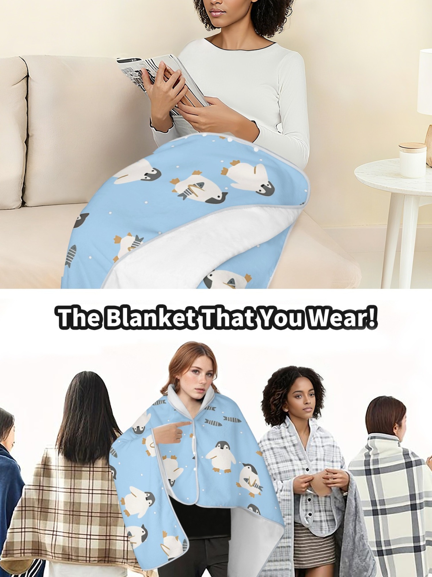 Women's Cartoon Penguin Printed Flannel Throw Blanket - Soft Cozy Shawl (5 Colors: Light Blue/Red/Navy/Gray/Green)