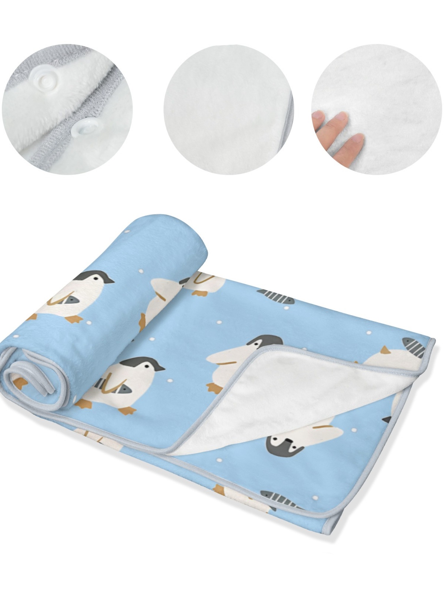 Women's Cartoon Penguin Printed Flannel Throw Blanket - Soft Cozy Shawl (5 Colors: Light Blue/Red/Navy/Gray/Green)