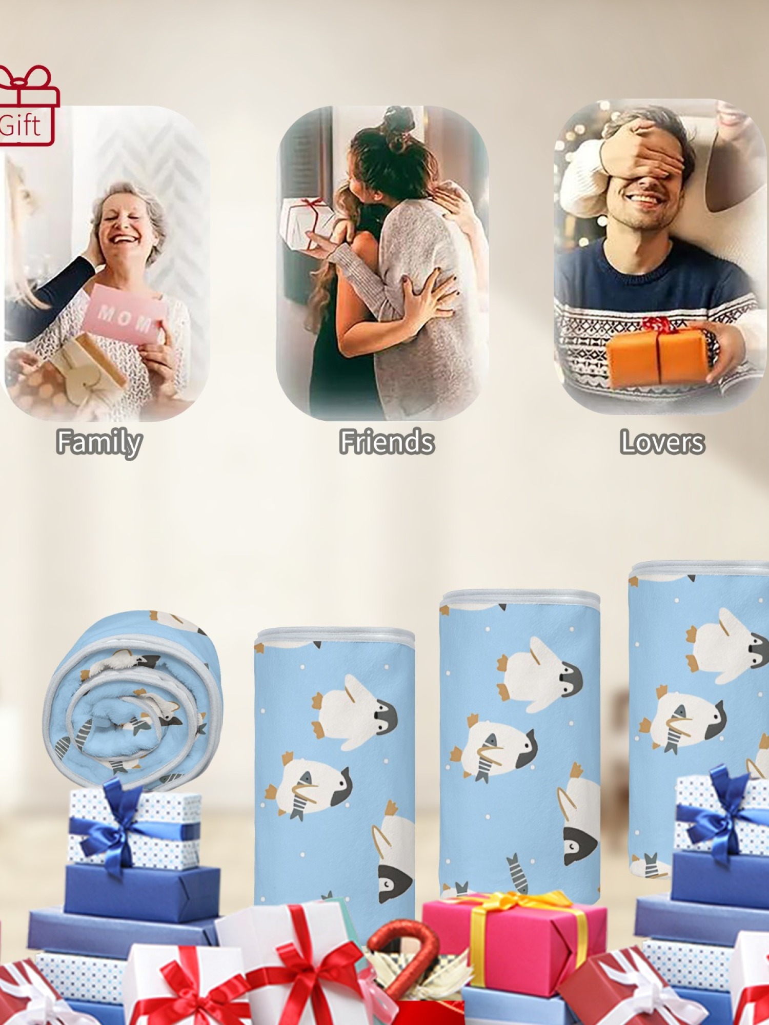 Women's Cartoon Penguin Printed Flannel Throw Blanket - Soft Cozy Shawl (5 Colors: Light Blue/Red/Navy/Gray/Green)