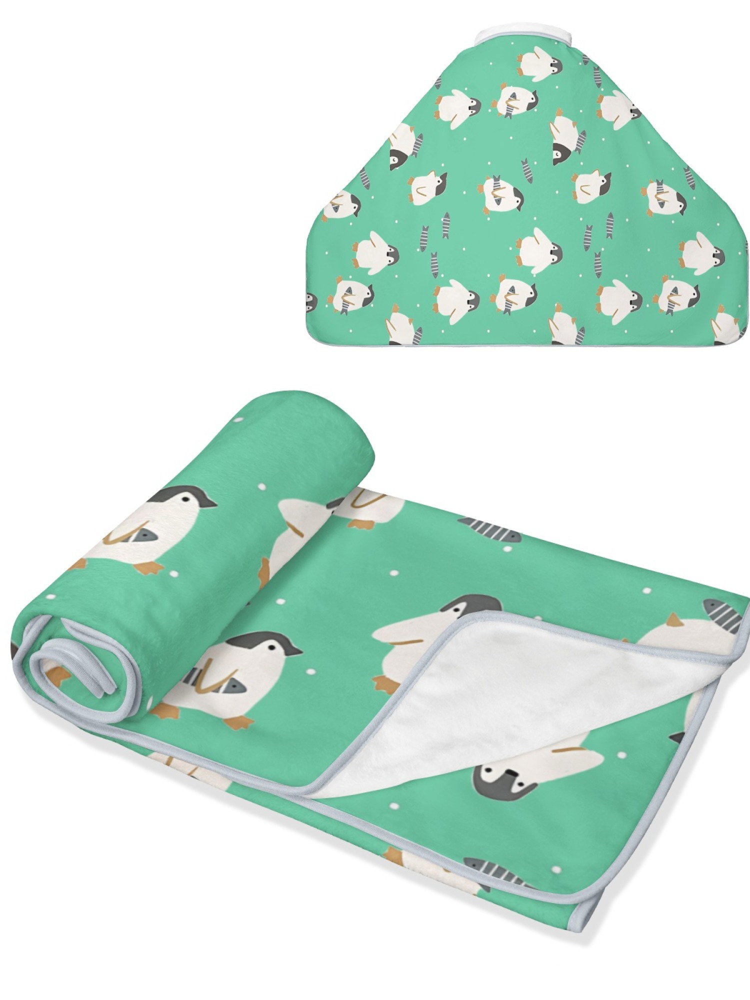 Women's Cartoon Penguin Printed Flannel Throw Blanket - Soft Cozy Shawl (5 Colors: Light Blue/Red/Navy/Gray/Green)
