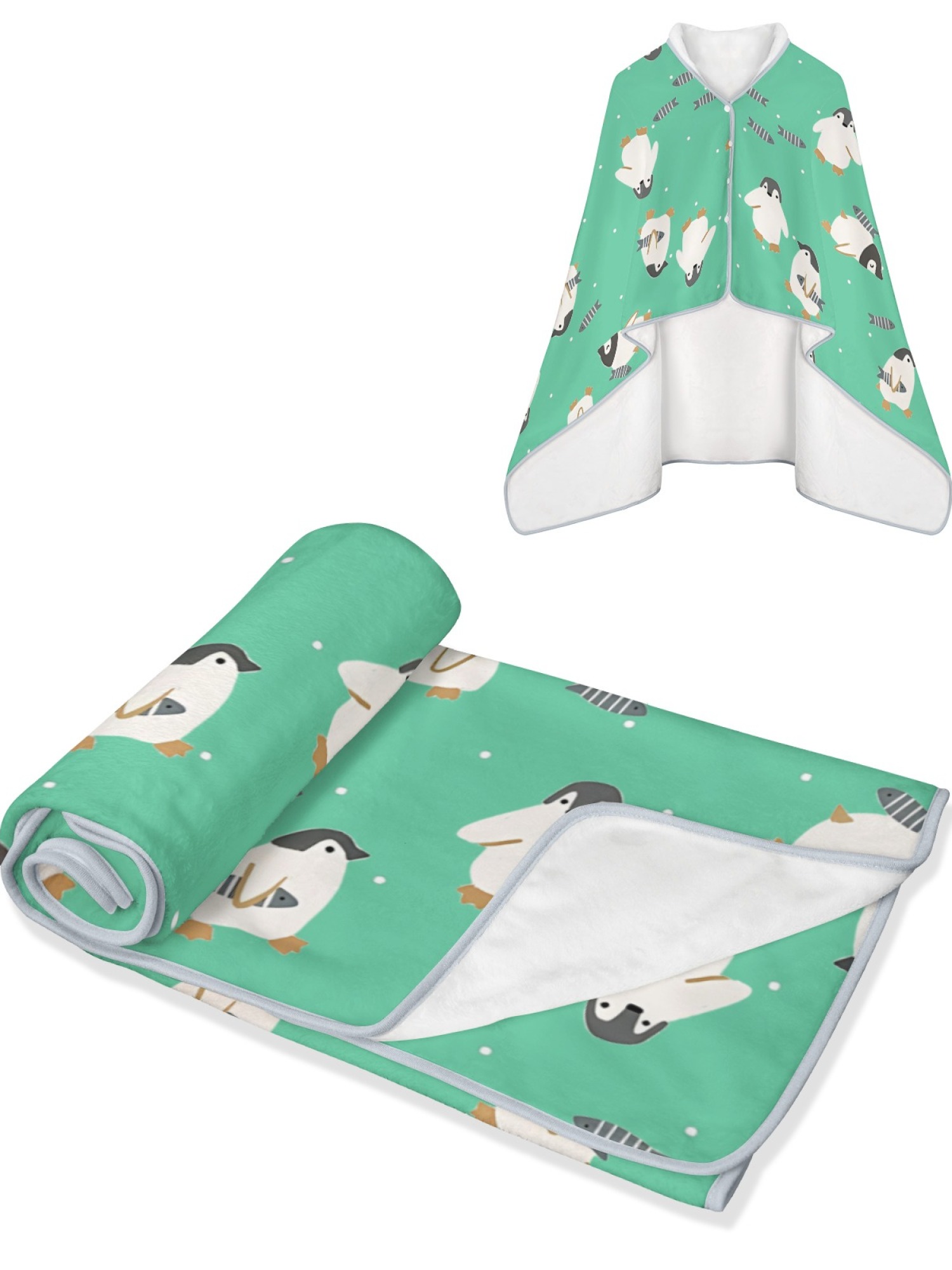 Women's Cartoon Penguin Printed Flannel Throw Blanket - Soft Cozy Shawl (5 Colors: Light Blue/Red/Navy/Gray/Green)