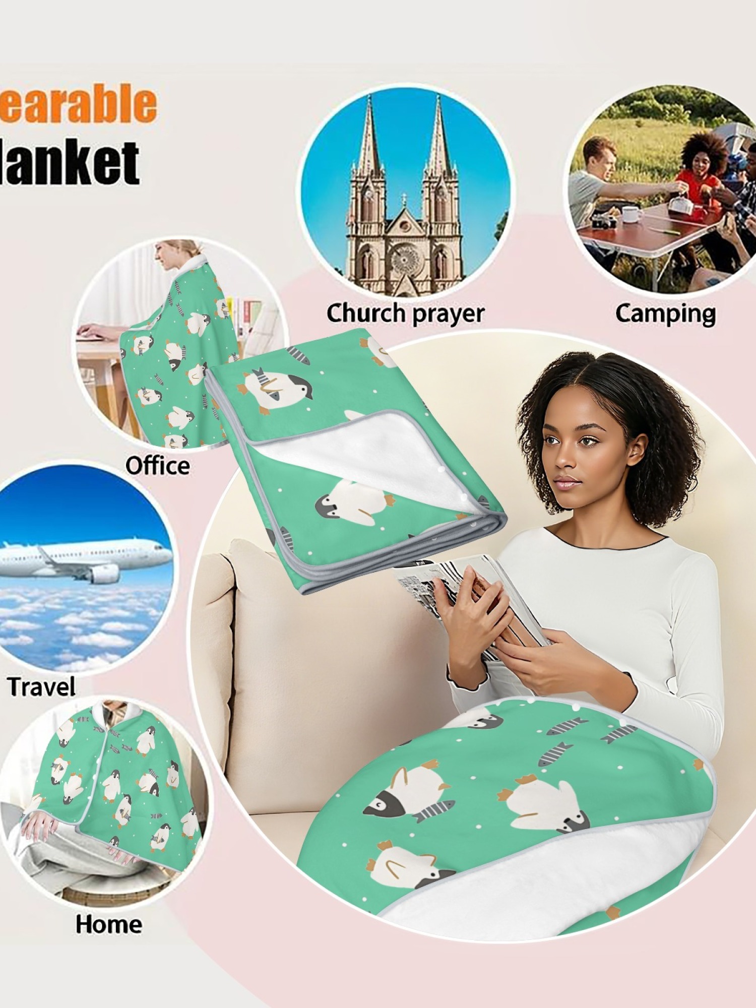 Women's Cartoon Penguin Printed Flannel Throw Blanket - Soft Cozy Shawl (5 Colors: Light Blue/Red/Navy/Gray/Green)