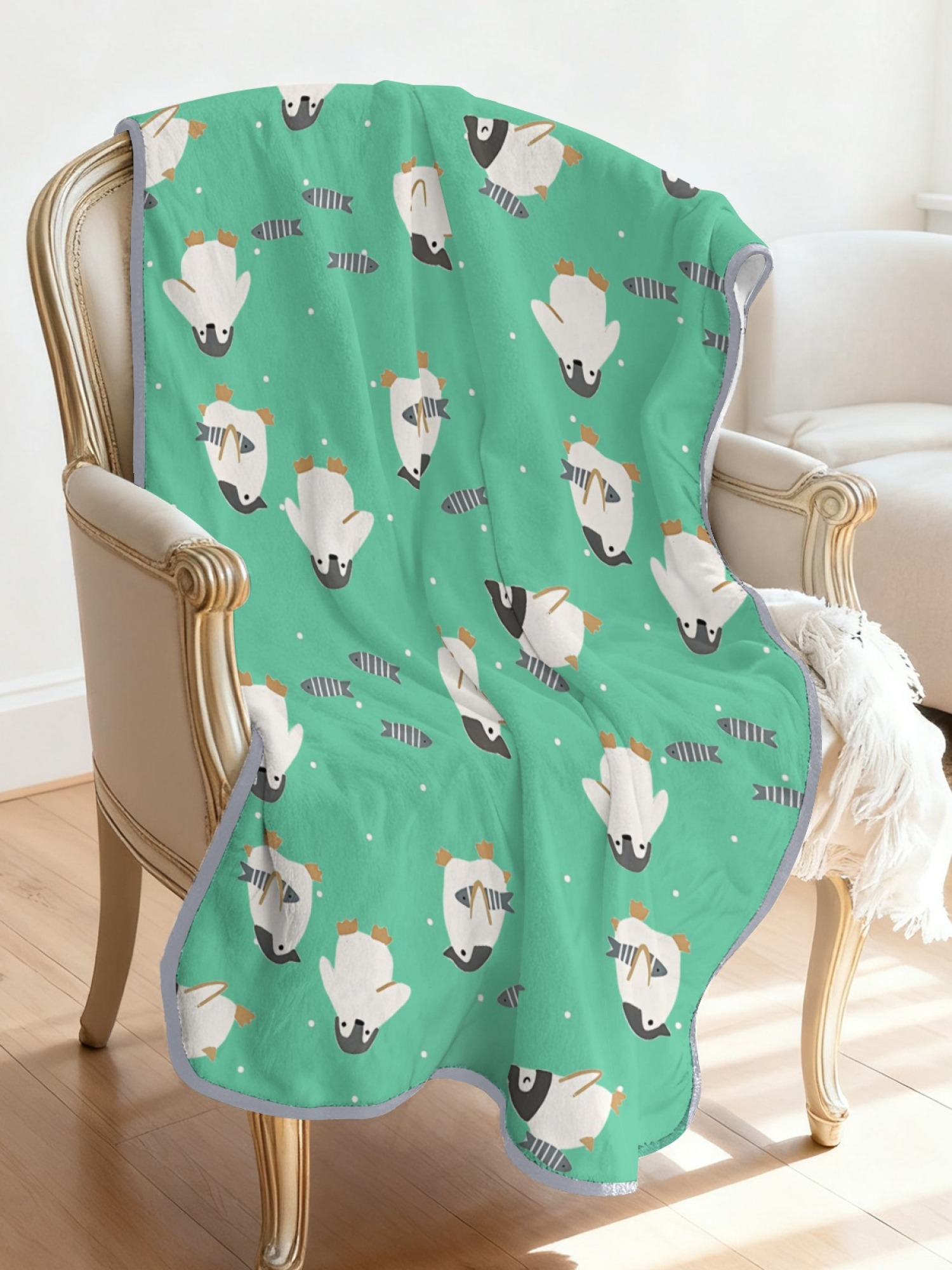 Women's Cartoon Penguin Printed Flannel Throw Blanket - Soft Cozy Shawl (5 Colors: Light Blue/Red/Navy/Gray/Green)