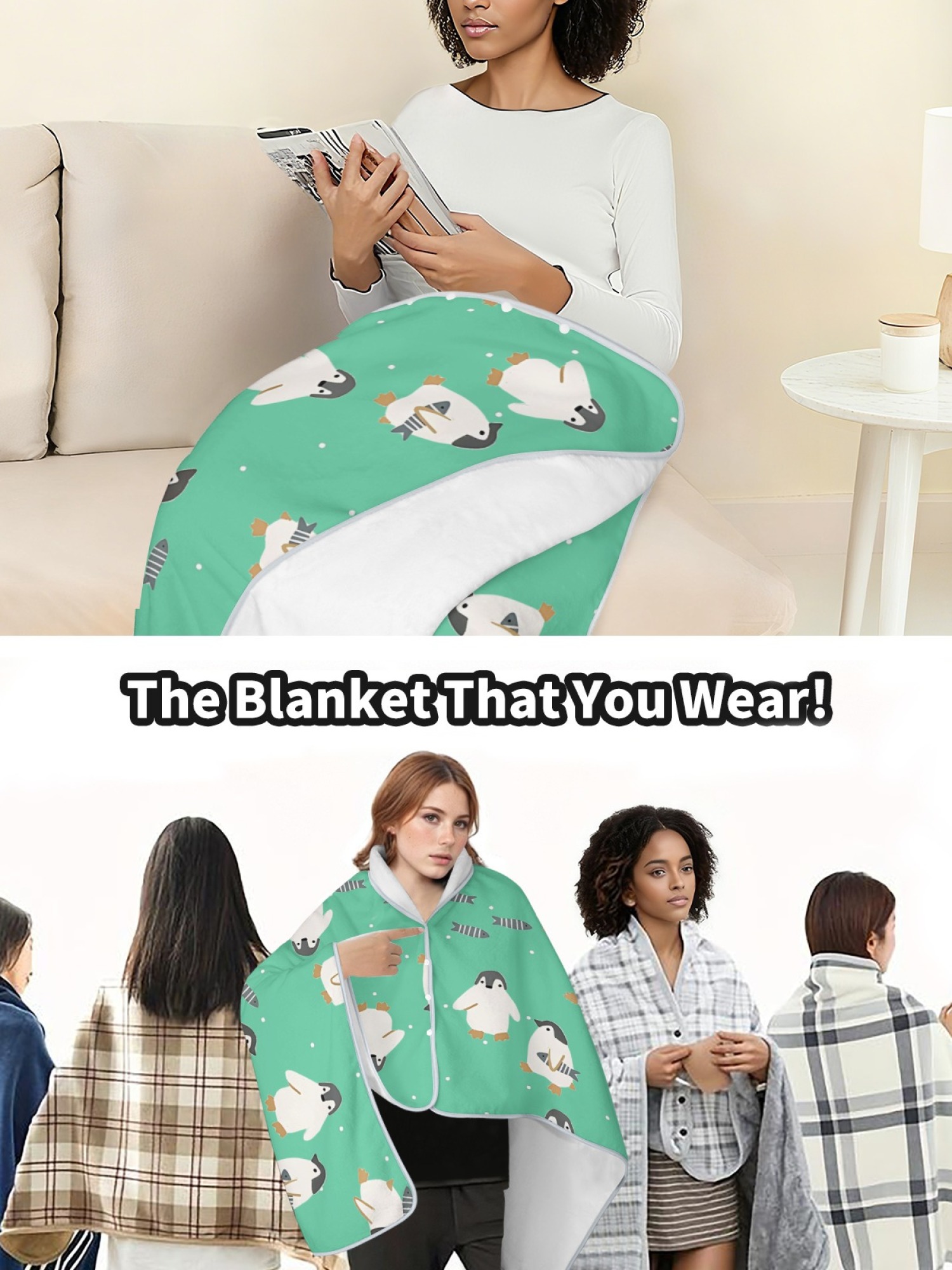 Women's Cartoon Penguin Printed Flannel Throw Blanket - Soft Cozy Shawl (5 Colors: Light Blue/Red/Navy/Gray/Green)