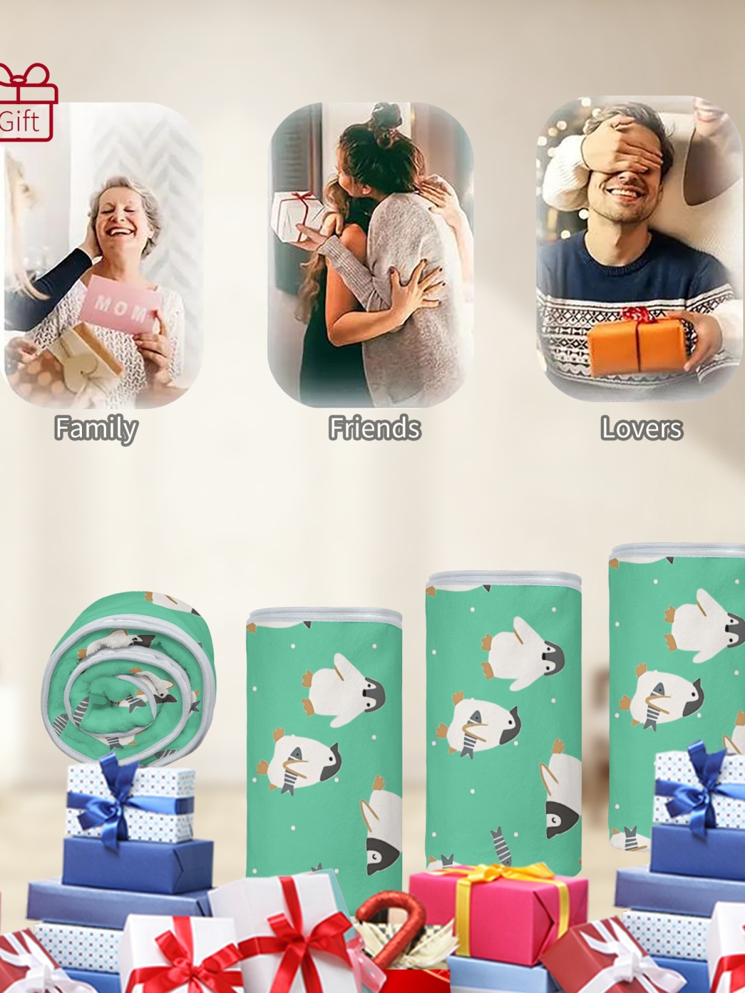 Women's Cartoon Penguin Printed Flannel Throw Blanket - Soft Cozy Shawl (5 Colors: Light Blue/Red/Navy/Gray/Green)