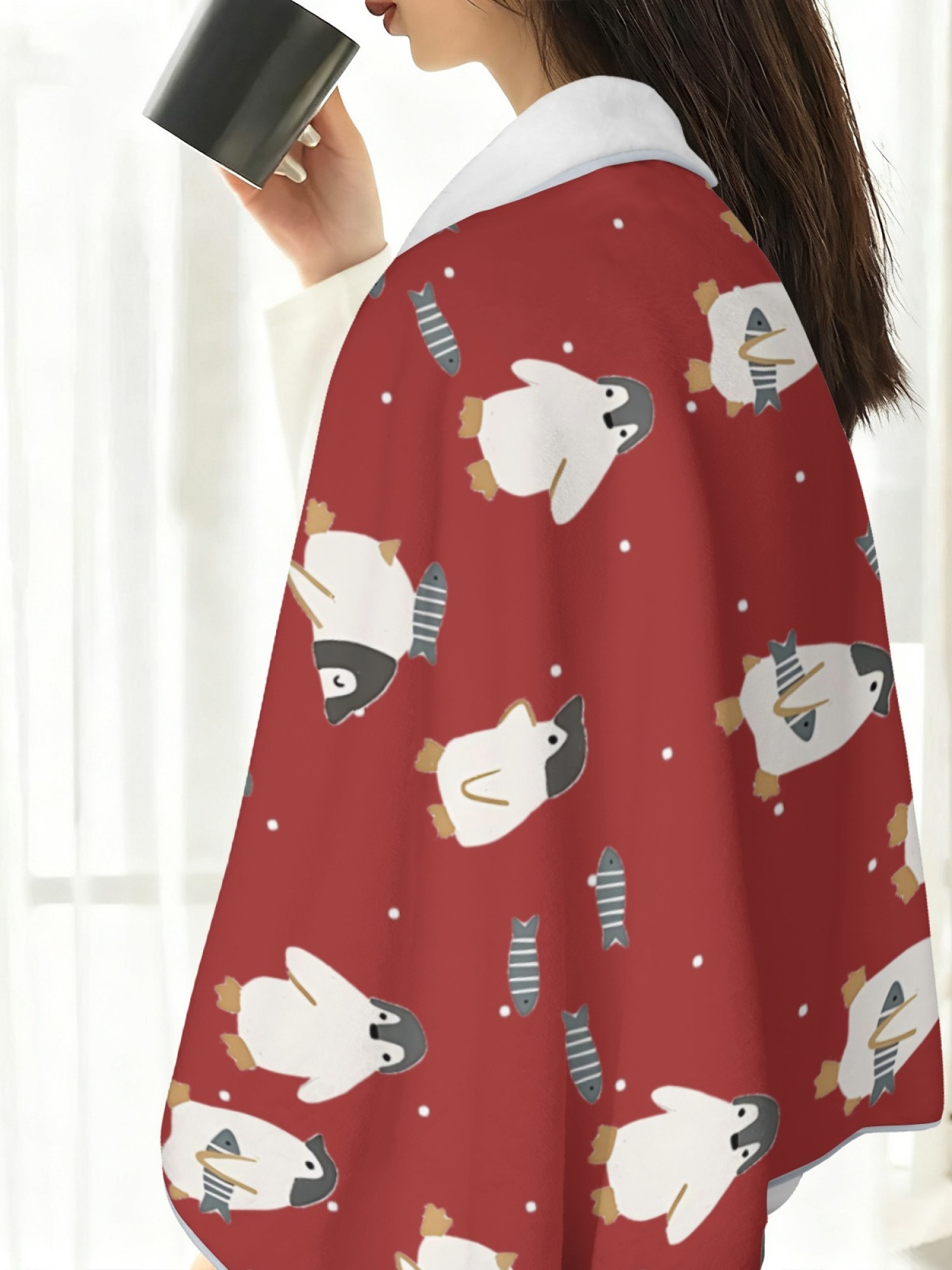 Women's Cartoon Penguin Printed Flannel Throw Blanket - Soft Cozy Shawl (5 Colors: Light Blue/Red/Navy/Gray/Green)