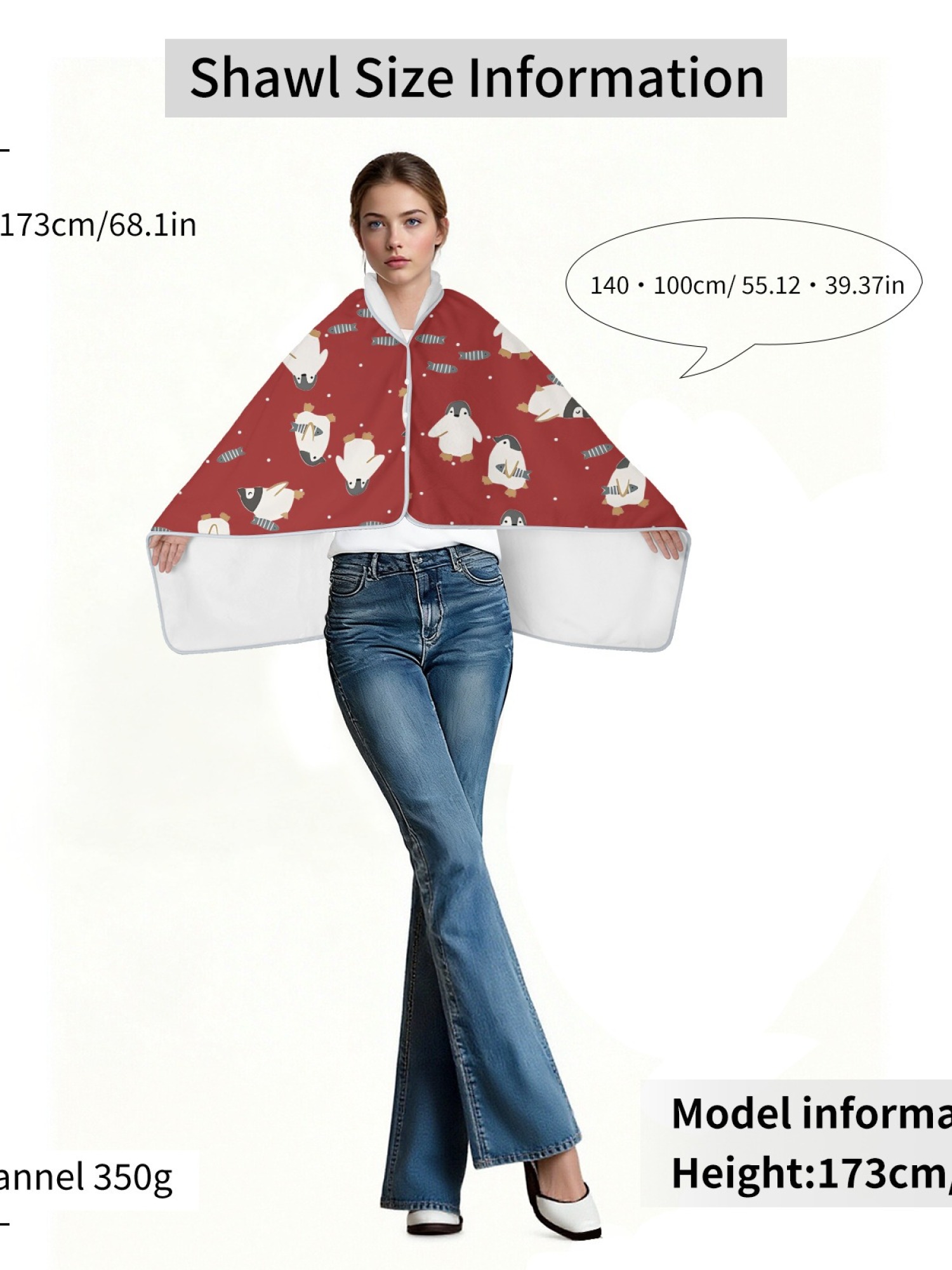 Women's Cartoon Penguin Printed Flannel Throw Blanket - Soft Cozy Shawl (5 Colors: Light Blue/Red/Navy/Gray/Green)