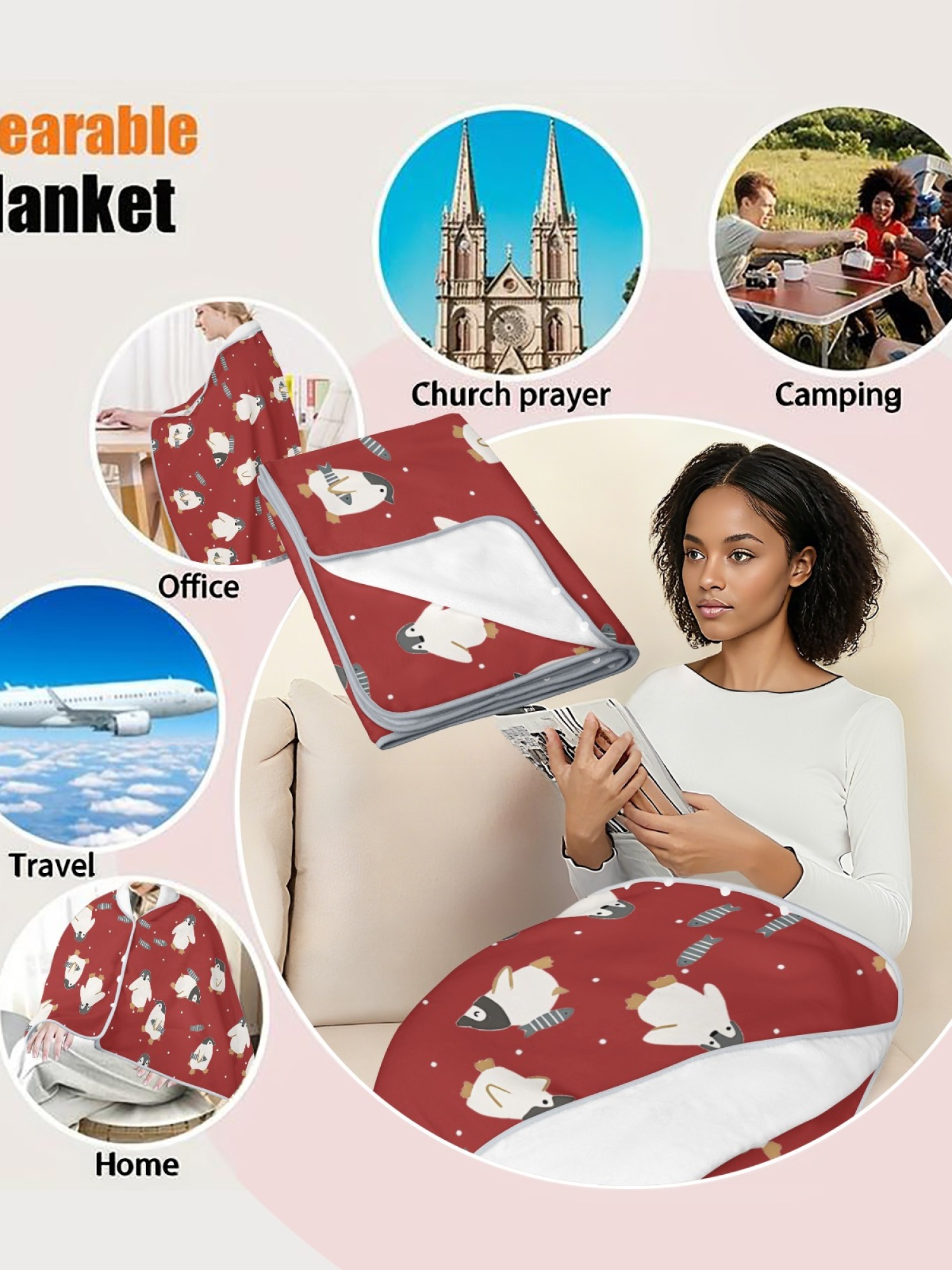 Women's Cartoon Penguin Printed Flannel Throw Blanket - Soft Cozy Shawl (5 Colors: Light Blue/Red/Navy/Gray/Green)