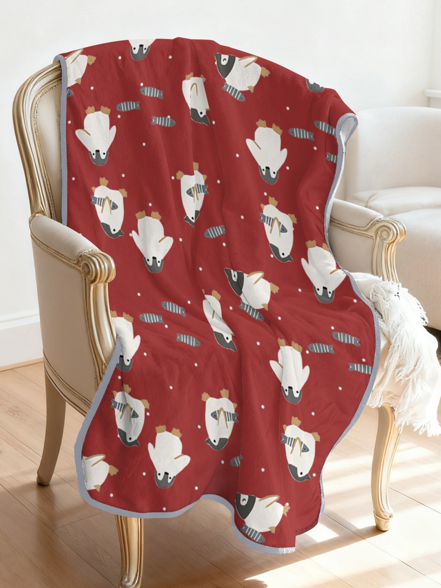 Women's Cartoon Penguin Printed Flannel Throw Blanket - Soft Cozy Shawl (5 Colors: Light Blue/Red/Navy/Gray/Green)