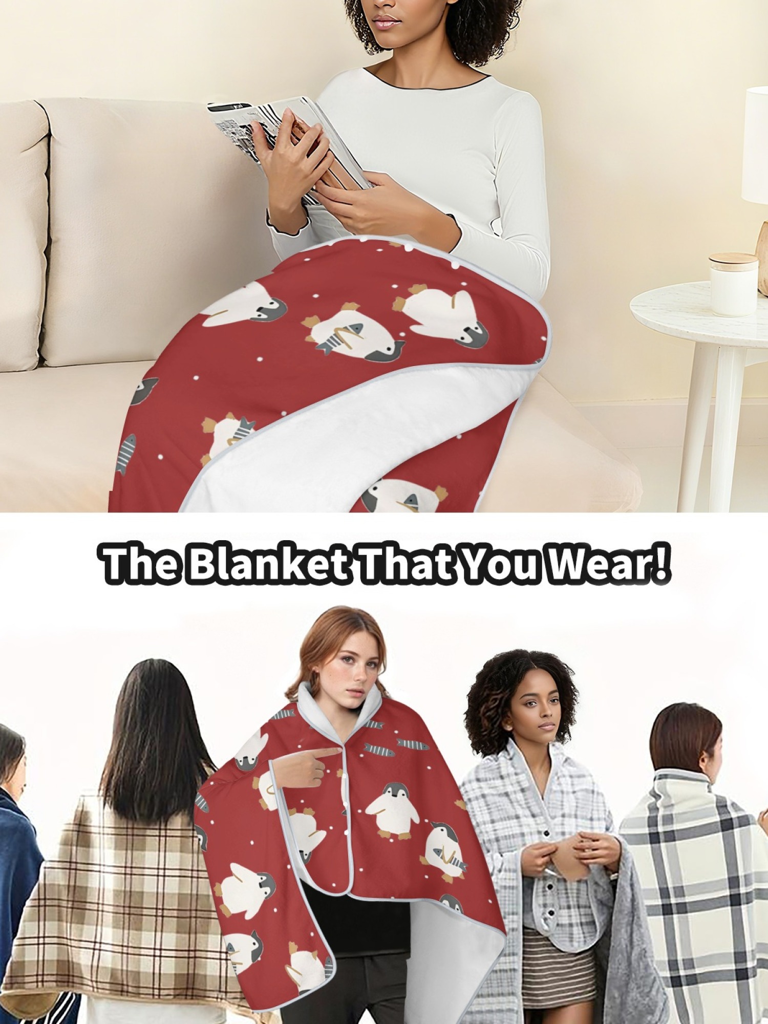 Women's Cartoon Penguin Printed Flannel Throw Blanket - Soft Cozy Shawl (5 Colors: Light Blue/Red/Navy/Gray/Green)