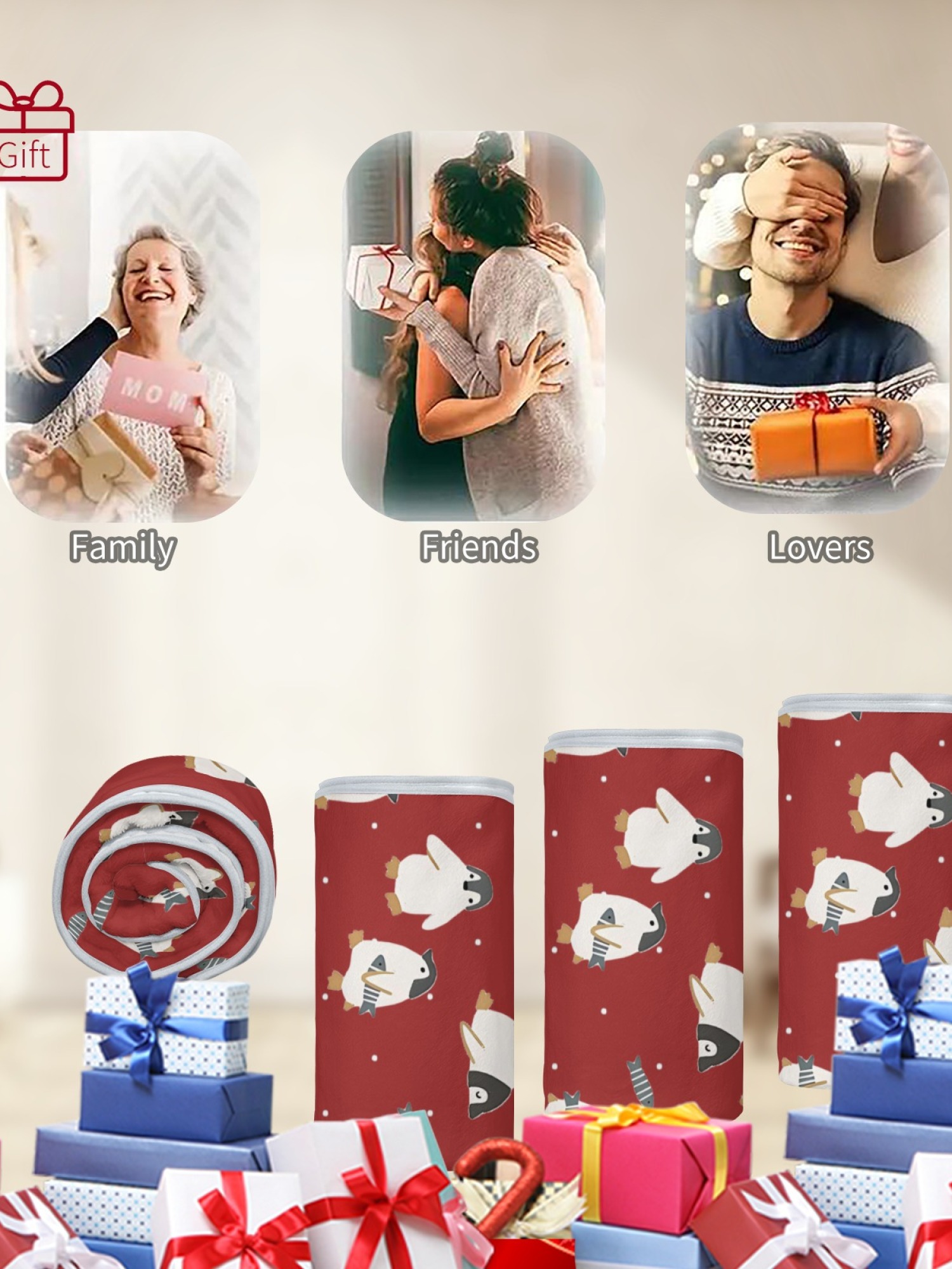 Women's Cartoon Penguin Printed Flannel Throw Blanket - Soft Cozy Shawl (5 Colors: Light Blue/Red/Navy/Gray/Green)