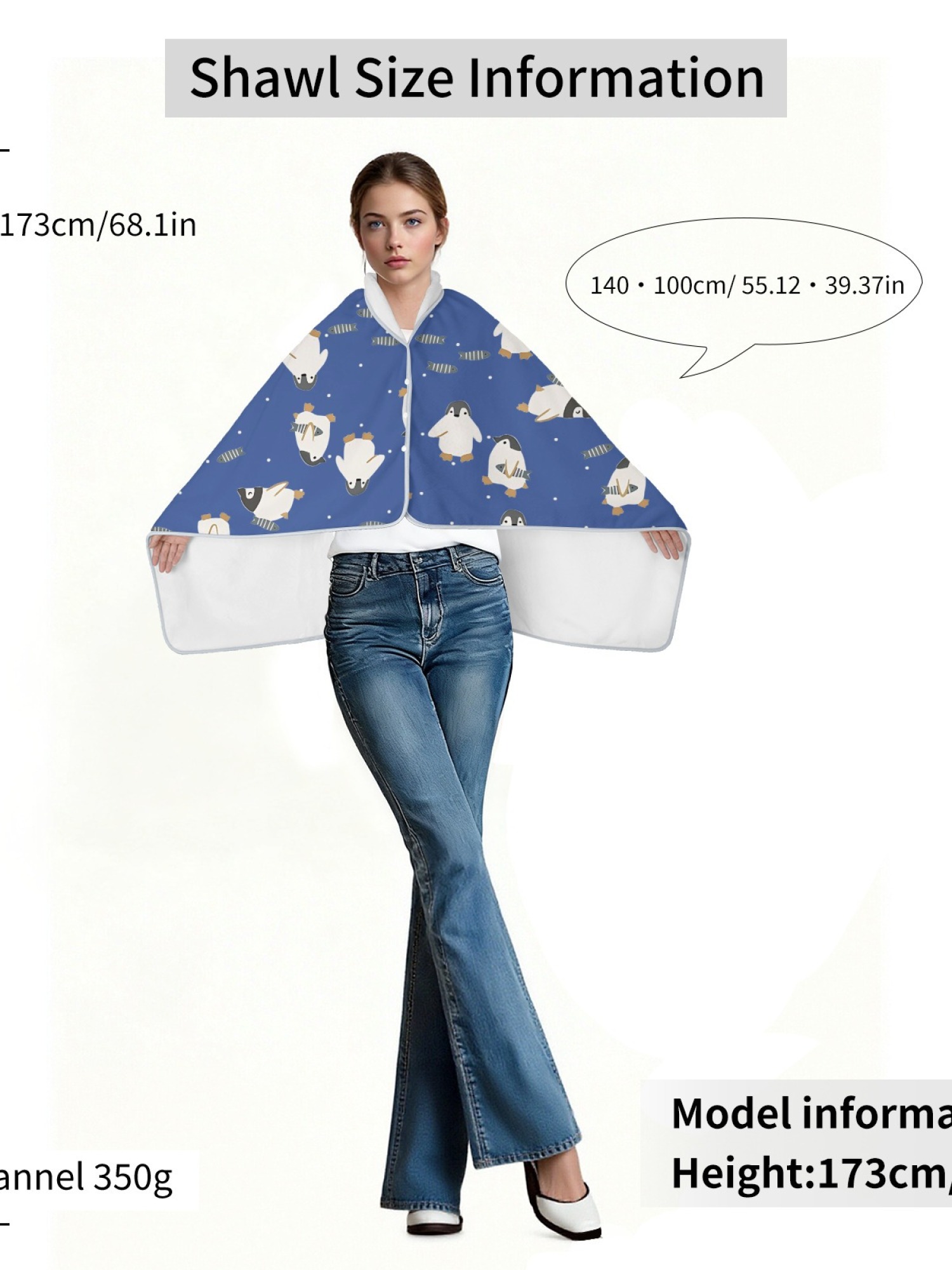 Women's Cartoon Penguin Printed Flannel Throw Blanket - Soft Cozy Shawl (5 Colors: Light Blue/Red/Navy/Gray/Green)