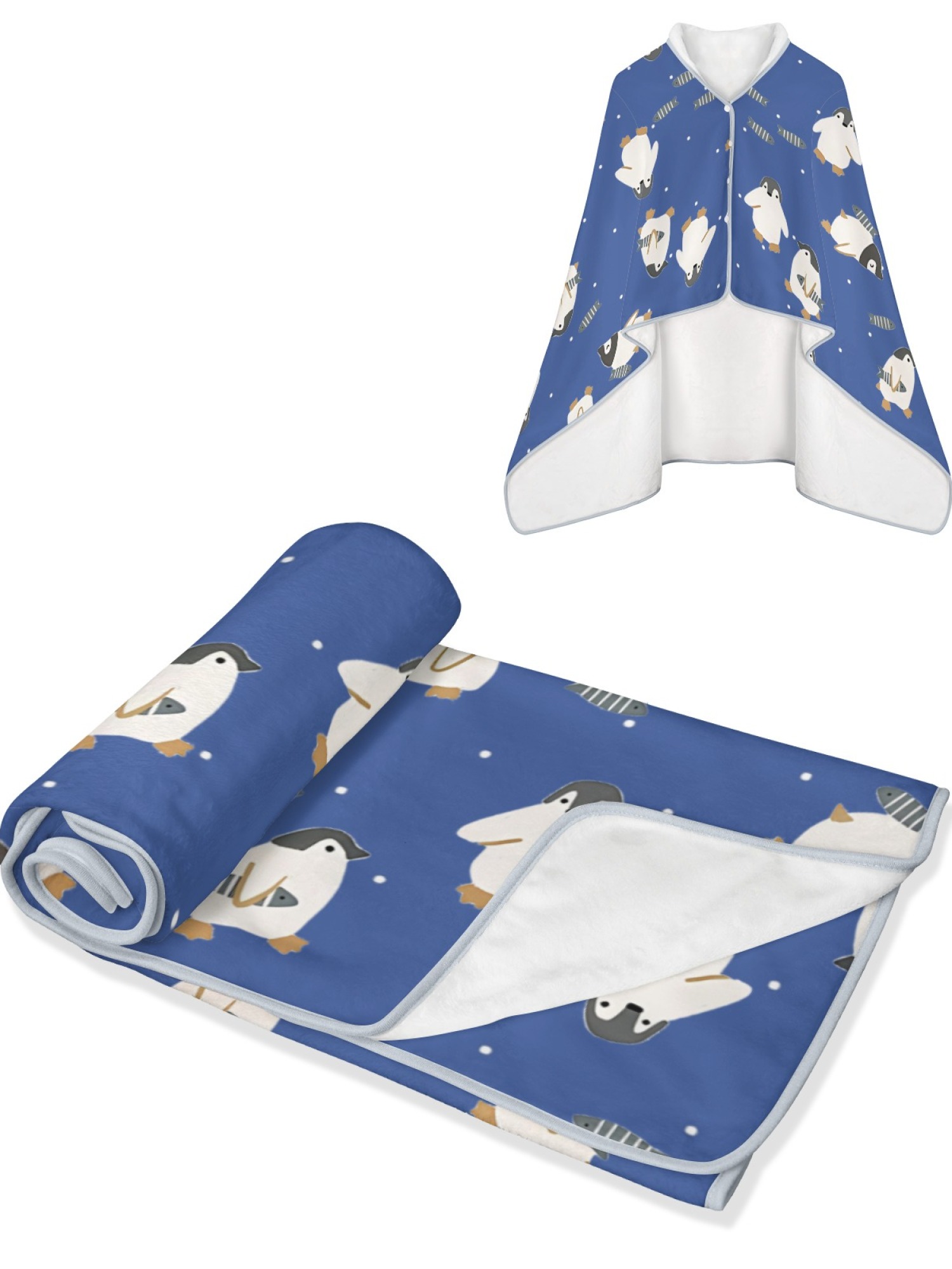 Women's Cartoon Penguin Printed Flannel Throw Blanket - Soft Cozy Shawl (5 Colors: Light Blue/Red/Navy/Gray/Green)