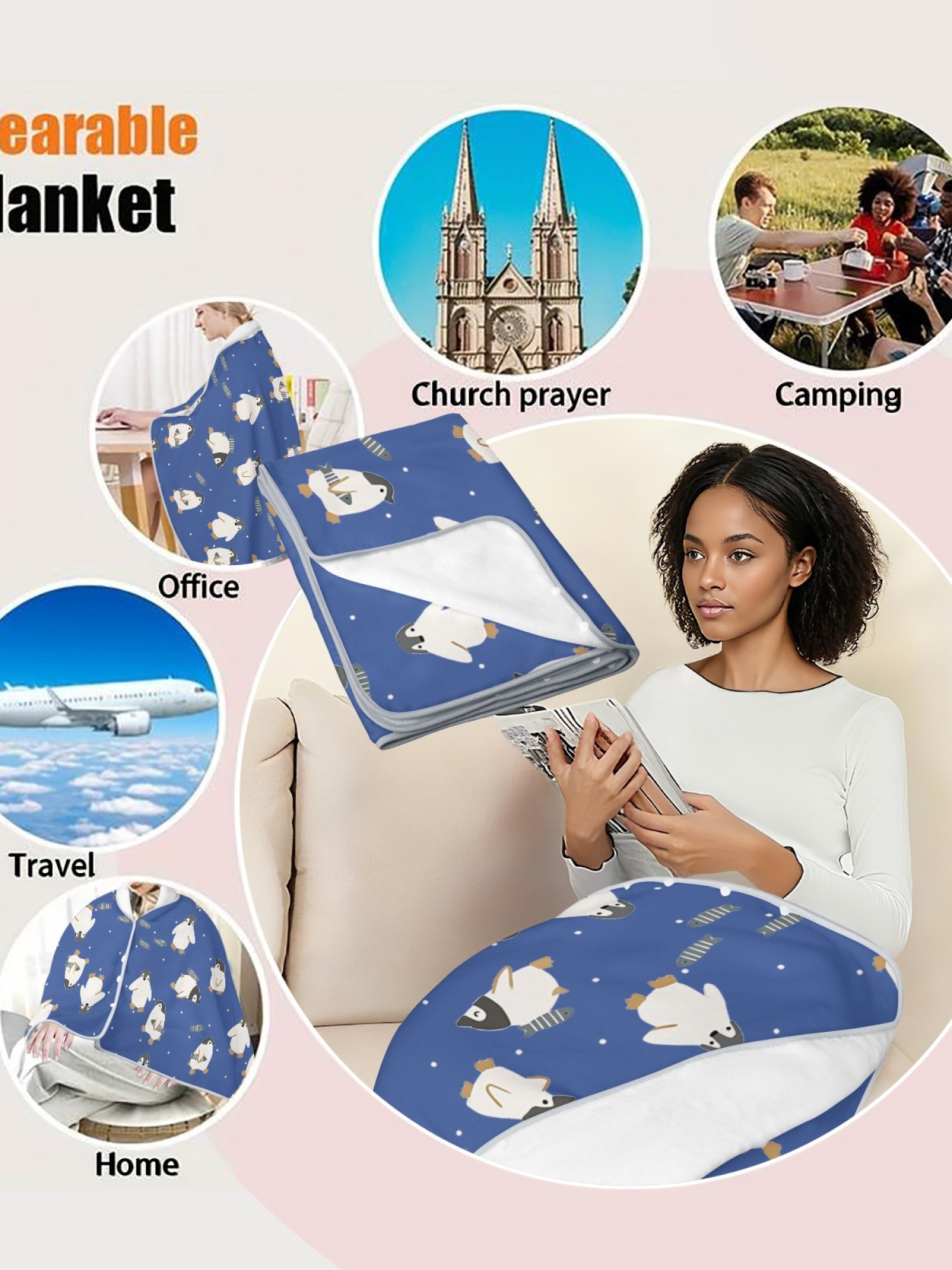 Women's Cartoon Penguin Printed Flannel Throw Blanket - Soft Cozy Shawl (5 Colors: Light Blue/Red/Navy/Gray/Green)