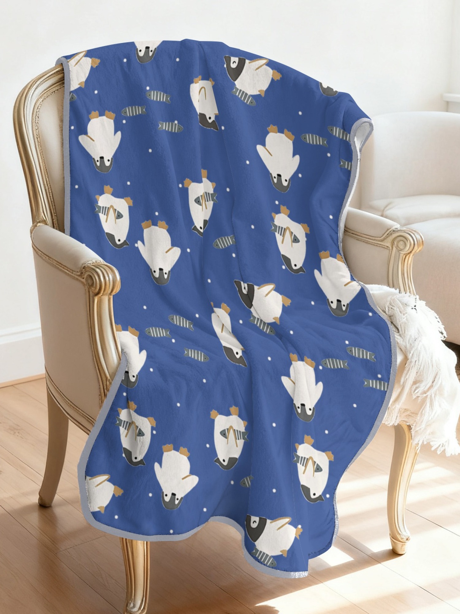 Women's Cartoon Penguin Printed Flannel Throw Blanket - Soft Cozy Shawl (5 Colors: Light Blue/Red/Navy/Gray/Green)