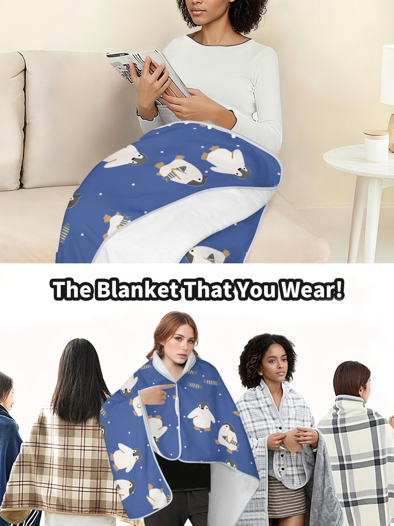 Women's Cartoon Penguin Printed Flannel Throw Blanket - Soft Cozy Shawl (5 Colors: Light Blue/Red/Navy/Gray/Green)
