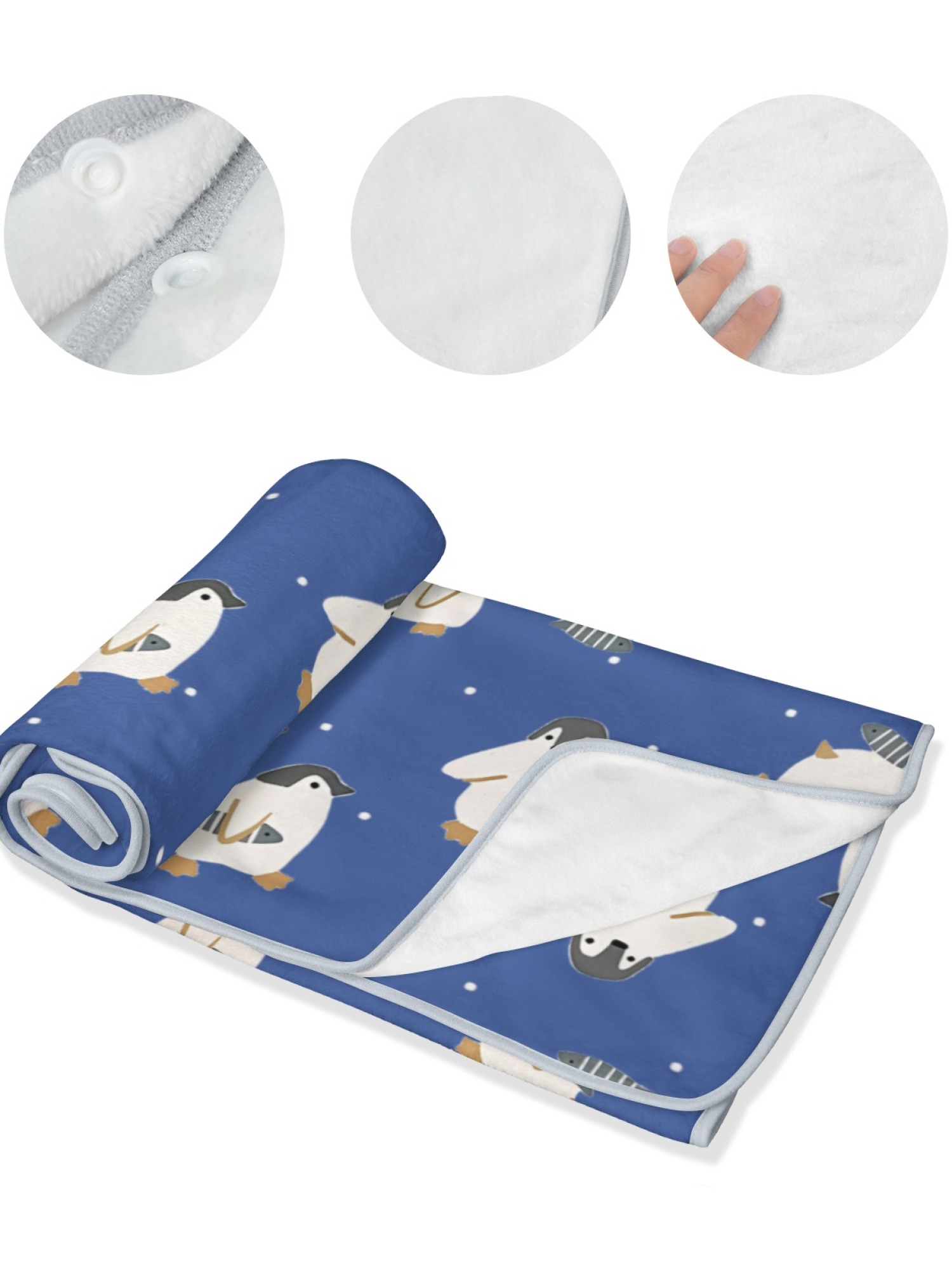 Women's Cartoon Penguin Printed Flannel Throw Blanket - Soft Cozy Shawl (5 Colors: Light Blue/Red/Navy/Gray/Green)