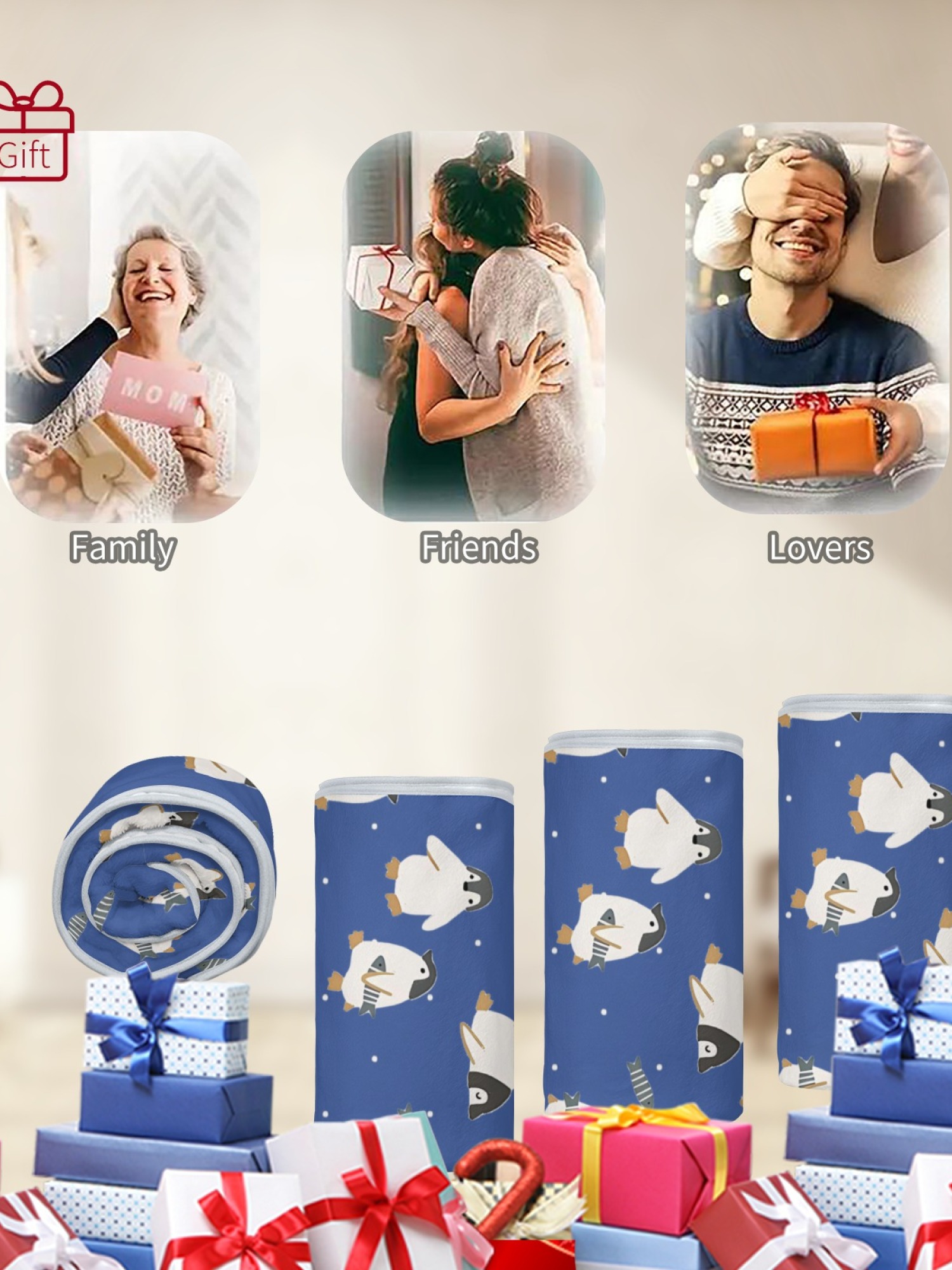 Women's Cartoon Penguin Printed Flannel Throw Blanket - Soft Cozy Shawl (5 Colors: Light Blue/Red/Navy/Gray/Green)