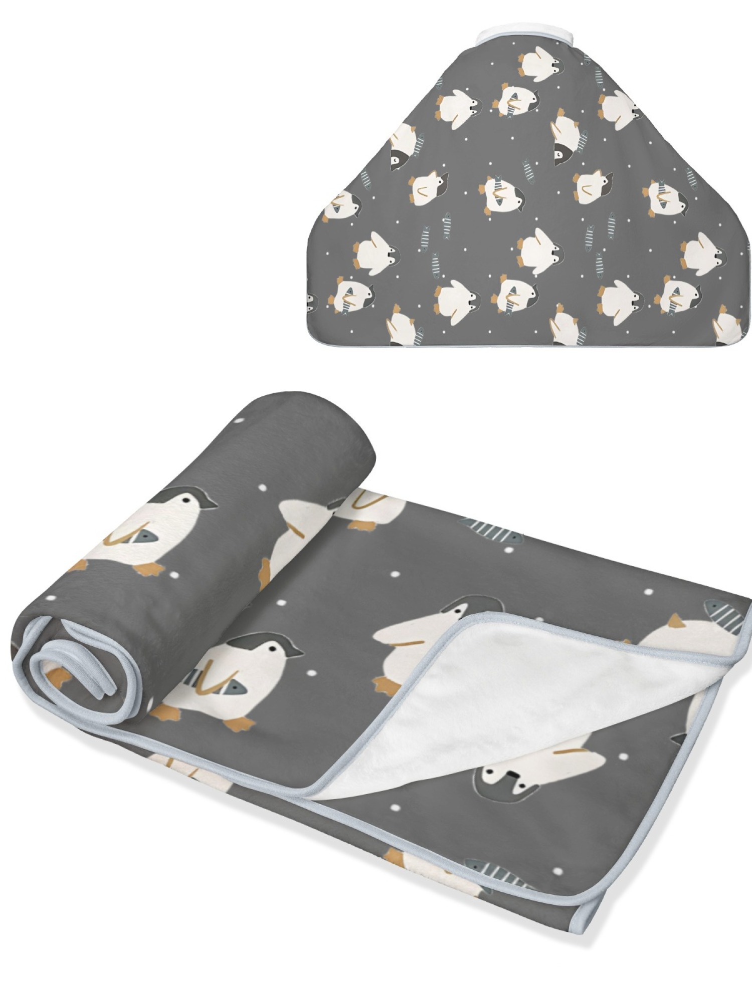 Women's Cartoon Penguin Printed Flannel Throw Blanket - Soft Cozy Shawl (5 Colors: Light Blue/Red/Navy/Gray/Green)