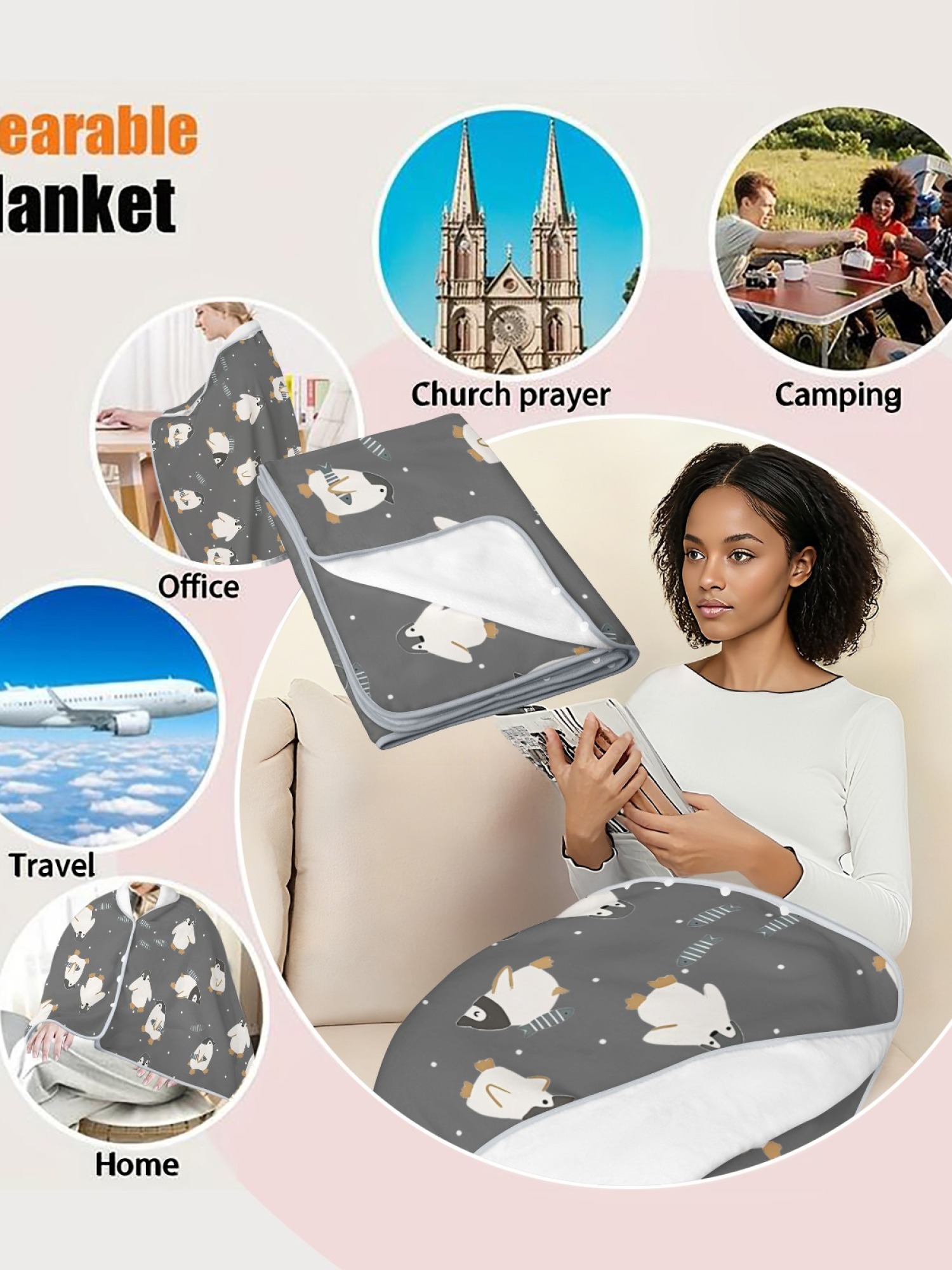 Women's Cartoon Penguin Printed Flannel Throw Blanket - Soft Cozy Shawl (5 Colors: Light Blue/Red/Navy/Gray/Green)