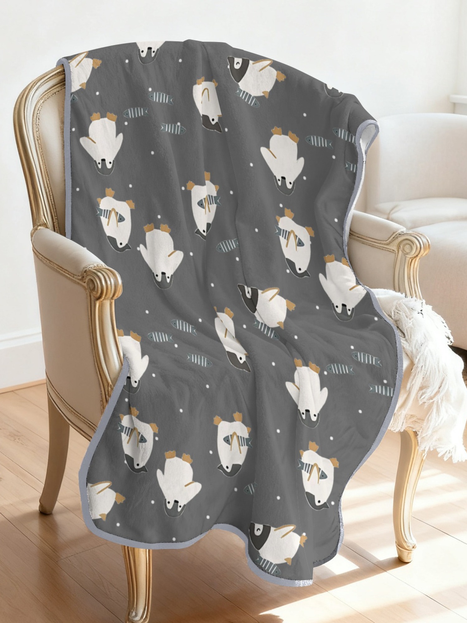Women's Cartoon Penguin Printed Flannel Throw Blanket - Soft Cozy Shawl (5 Colors: Light Blue/Red/Navy/Gray/Green)