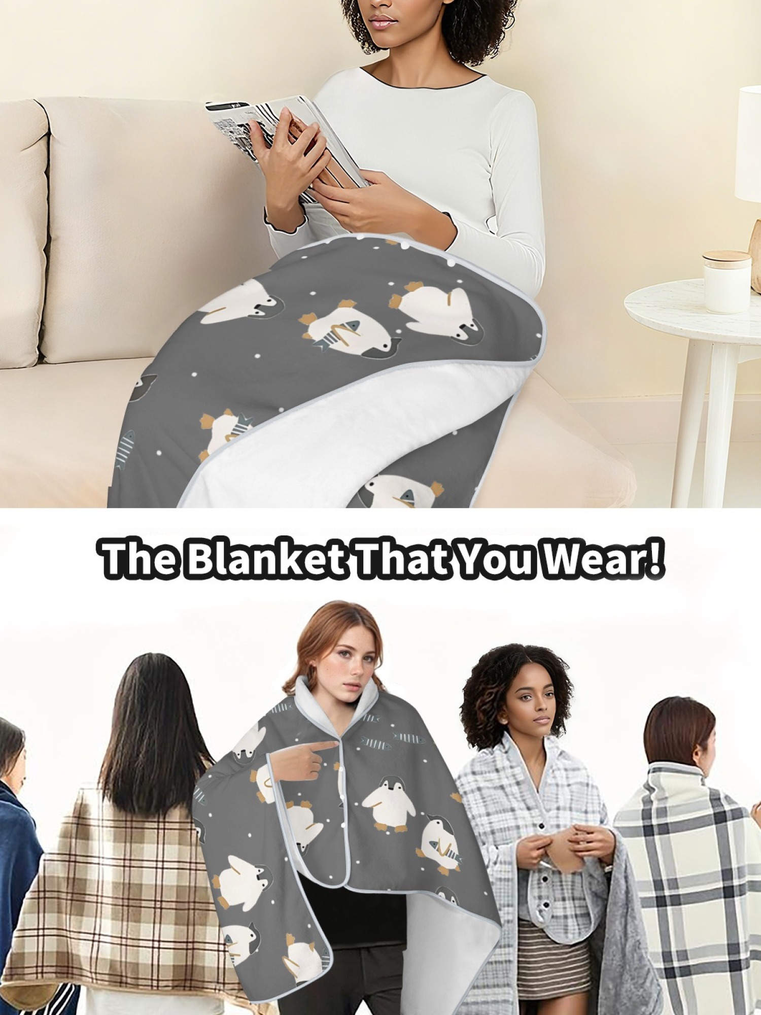 Women's Cartoon Penguin Printed Flannel Throw Blanket - Soft Cozy Shawl (5 Colors: Light Blue/Red/Navy/Gray/Green)