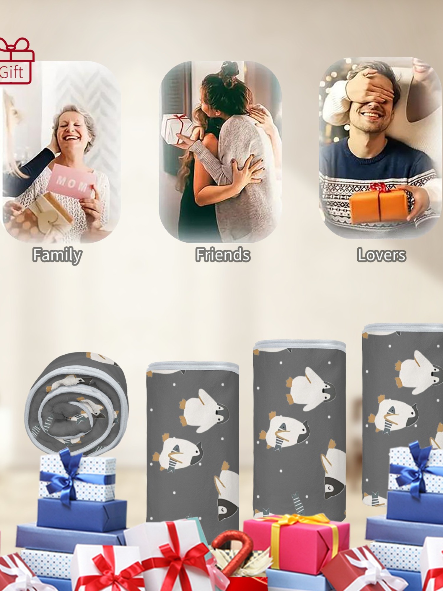 Women's Cartoon Penguin Printed Flannel Throw Blanket - Soft Cozy Shawl (5 Colors: Light Blue/Red/Navy/Gray/Green)