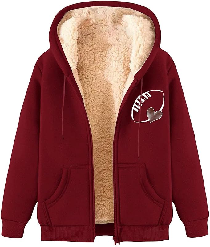 Game Day Sweatshirt Women Fleece Sherpa Lined Jacket Zip Up Football Sweatshirts Fall Warm Winter Coat with Pockets