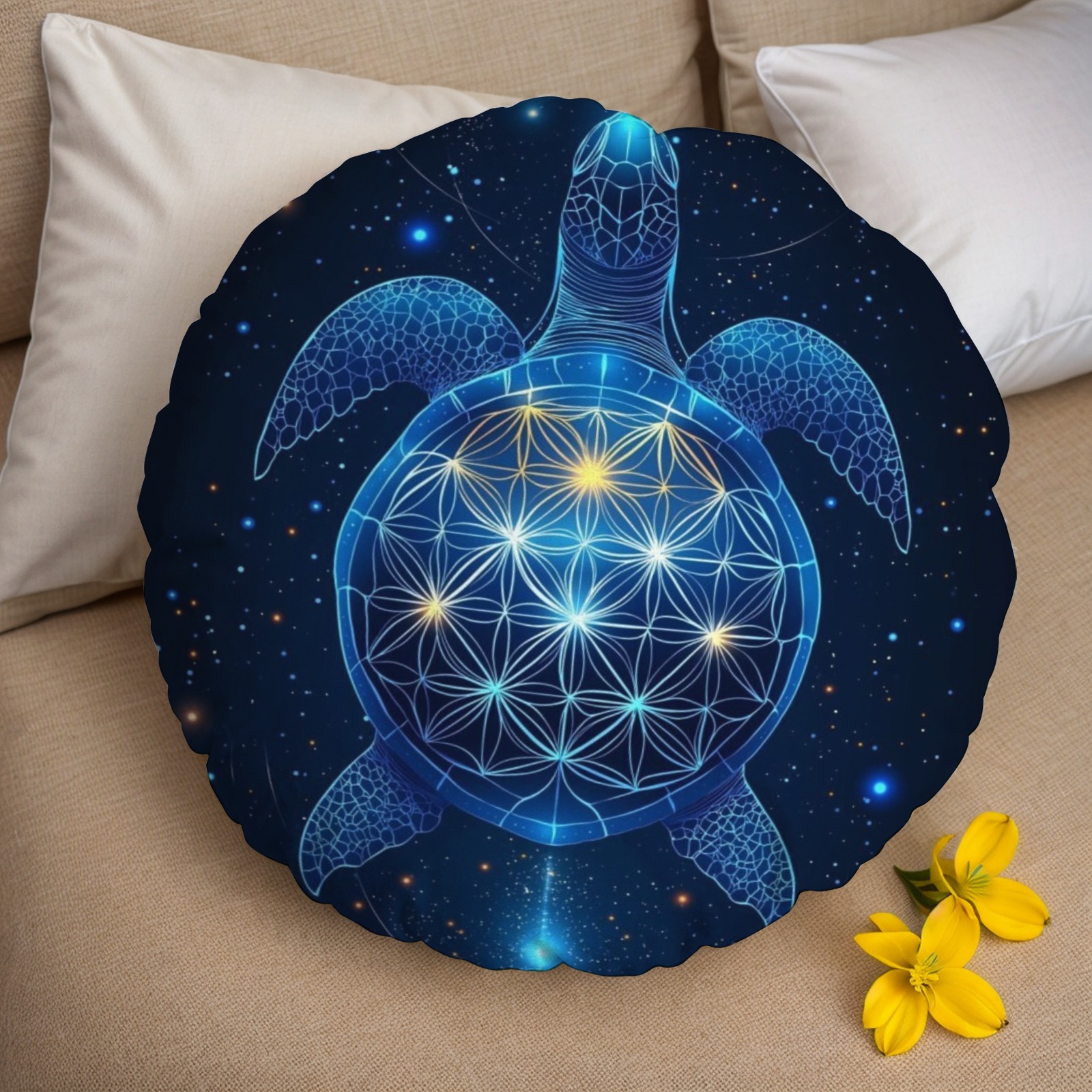 Mystical Sea Turtle Print Round Throw Pillow, for Outdoor White Rocking Chair, Couch, Sofa, Bed, 18 Inch, Navy Blue-Pixelunique