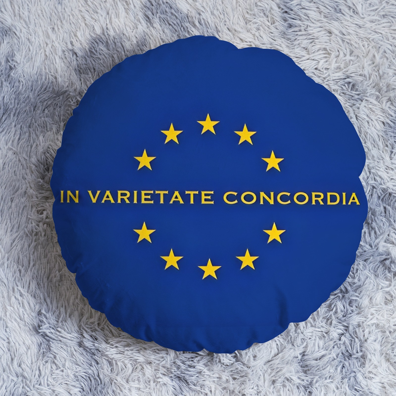 European - Inspired Round Throw Pillow with "In Varietate Concordia" Motif