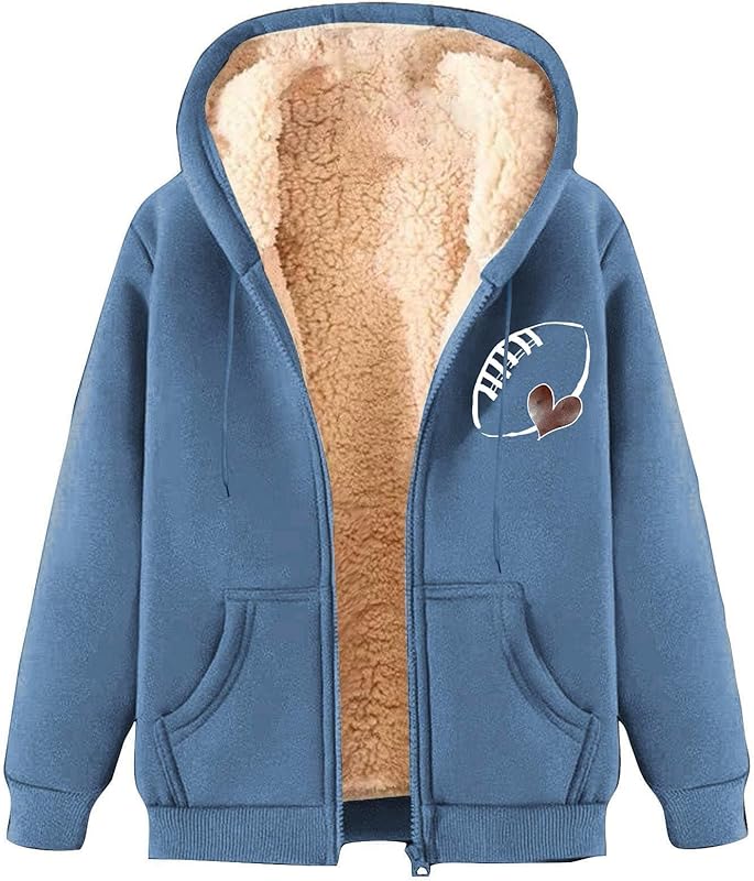 Game Day Sweatshirt Women Fleece Sherpa Lined Jacket Zip Up Football Sweatshirts Fall Warm Winter Coat with Pockets