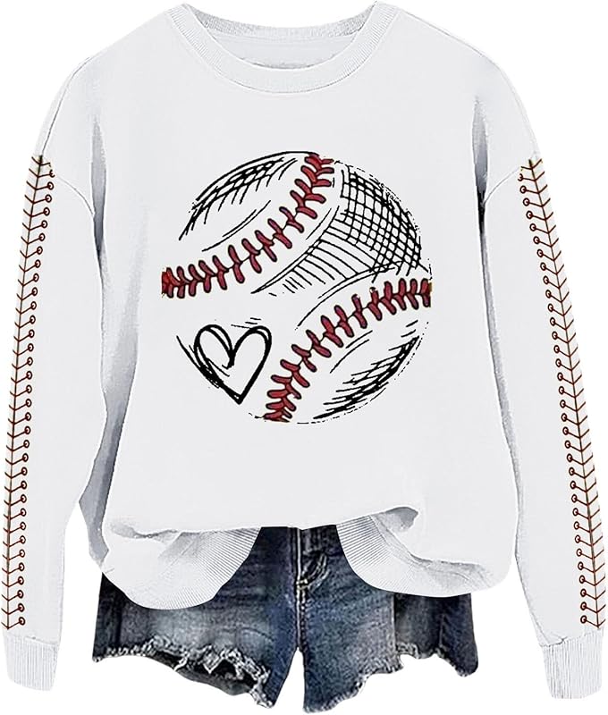 Baseball Mom Sweatshirt For Women Heart Printed Crewneck Long Sleeve 2025 Pullover Tops