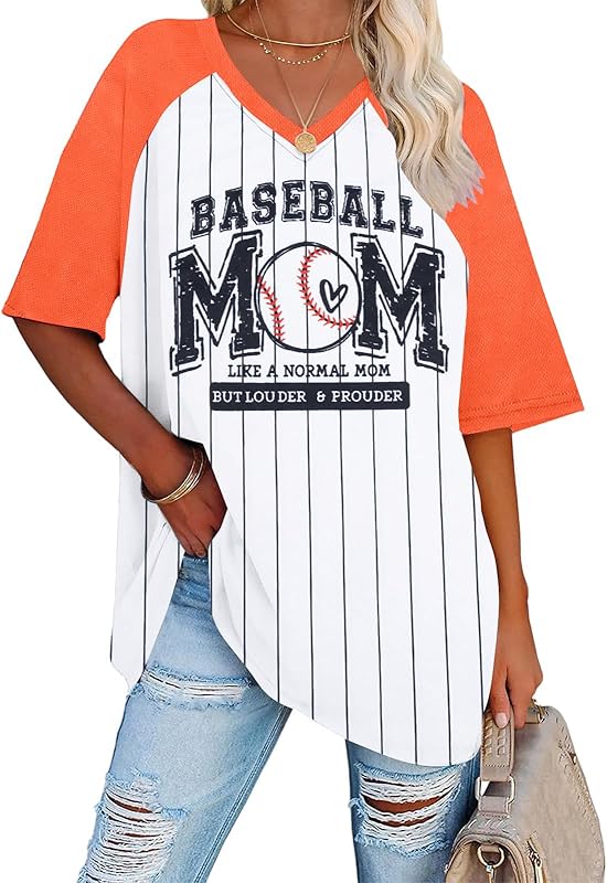 Baseball Mom Shirts for Women - Oversized V Neck Baseball Jersey Shirt Stripe Graphic Print Casual Tops Tees