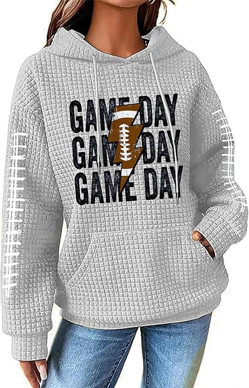 NEWWEN Game Day Sweatshirt Women Football Graphic Shirt Football Mom Waffle Knit Hoodie Game Day Long Sleeve Pullover Tops