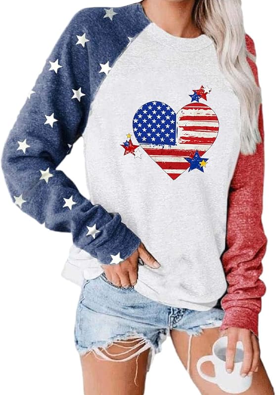 Womens Long Sleeve Shirt Baseball Shirt Mom Shirt American Flag Shirt Star Sweatshirt